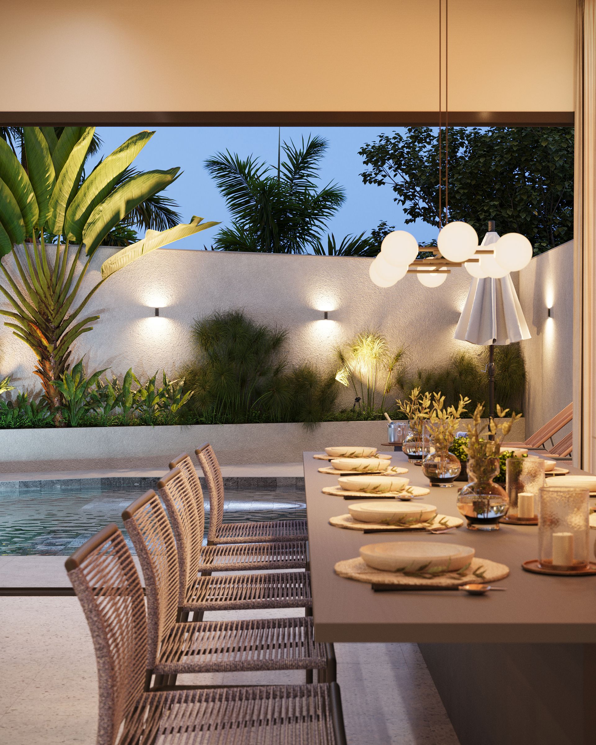 Uma impressão artística de uma sala de jantar com uma mesa longa e cadeiras.