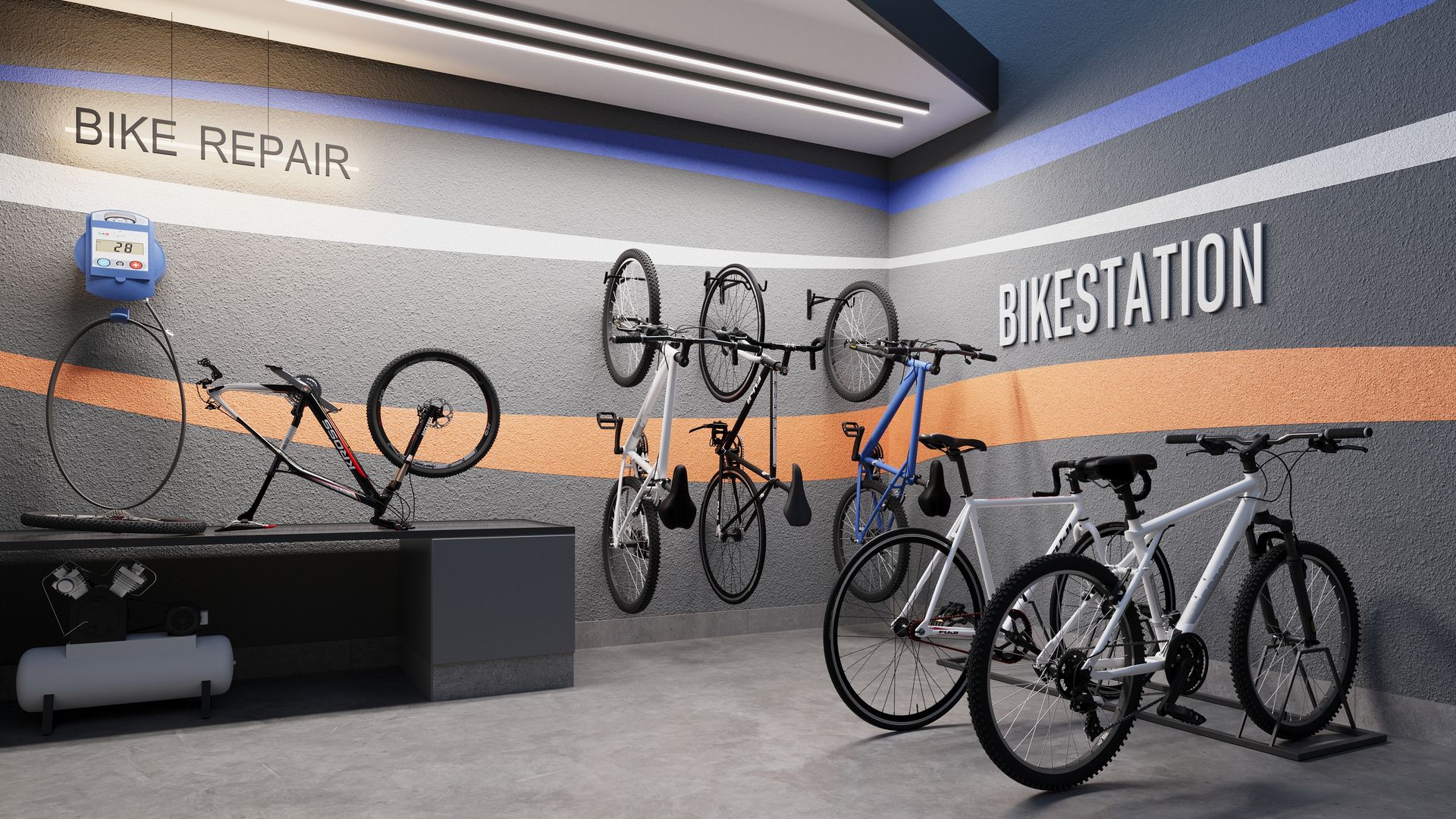 Uma oficina de conserto de bicicletas com bicicletas penduradas na parede.