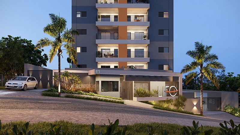 Impressão artística de um edifício com um carro estacionado na frente.