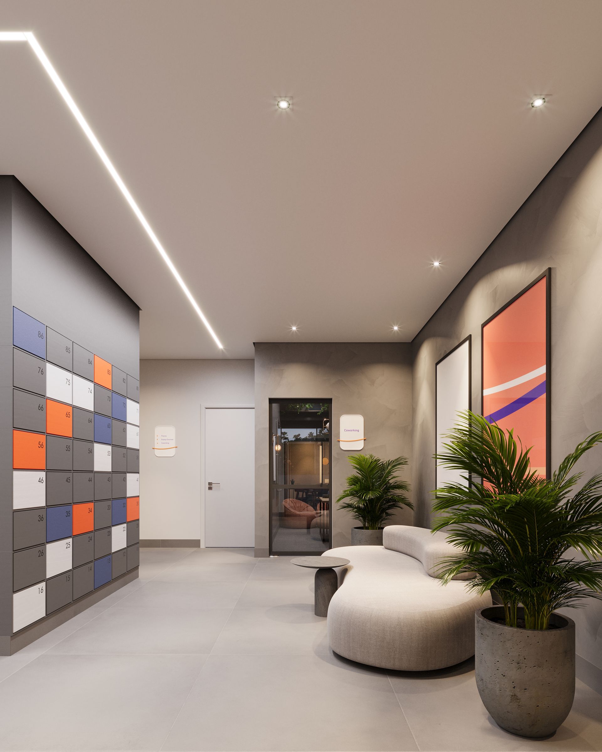 Impressão artística de um corredor com um sofá e vasos de plantas