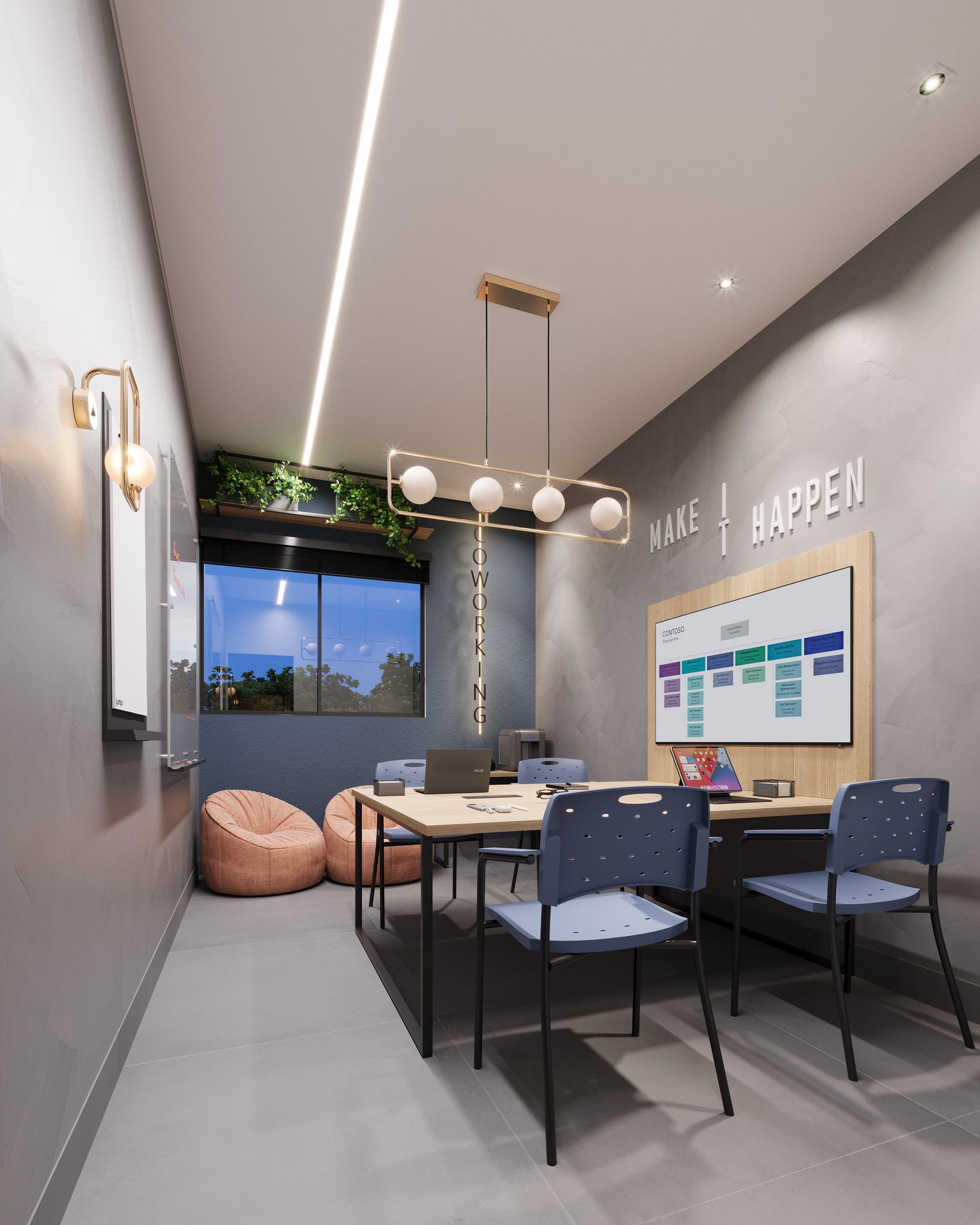 Uma sala com uma mesa e cadeiras e uma placa que diz 