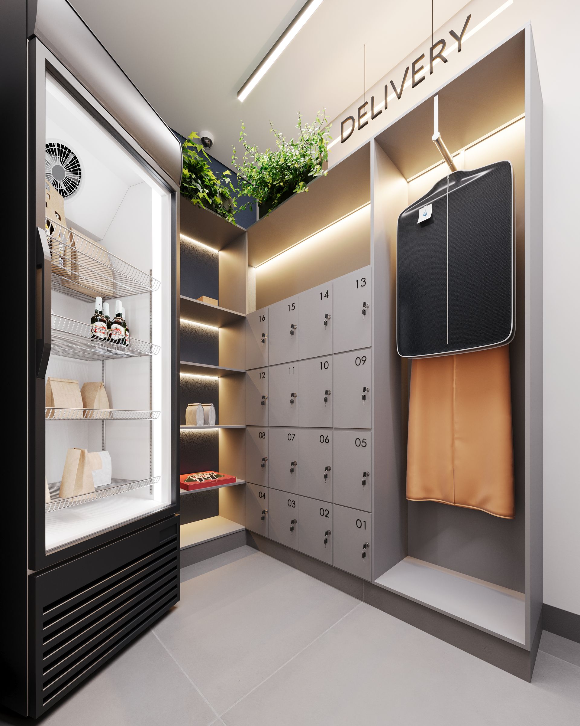 Uma sala com uma geladeira e uma placa que diz entrega