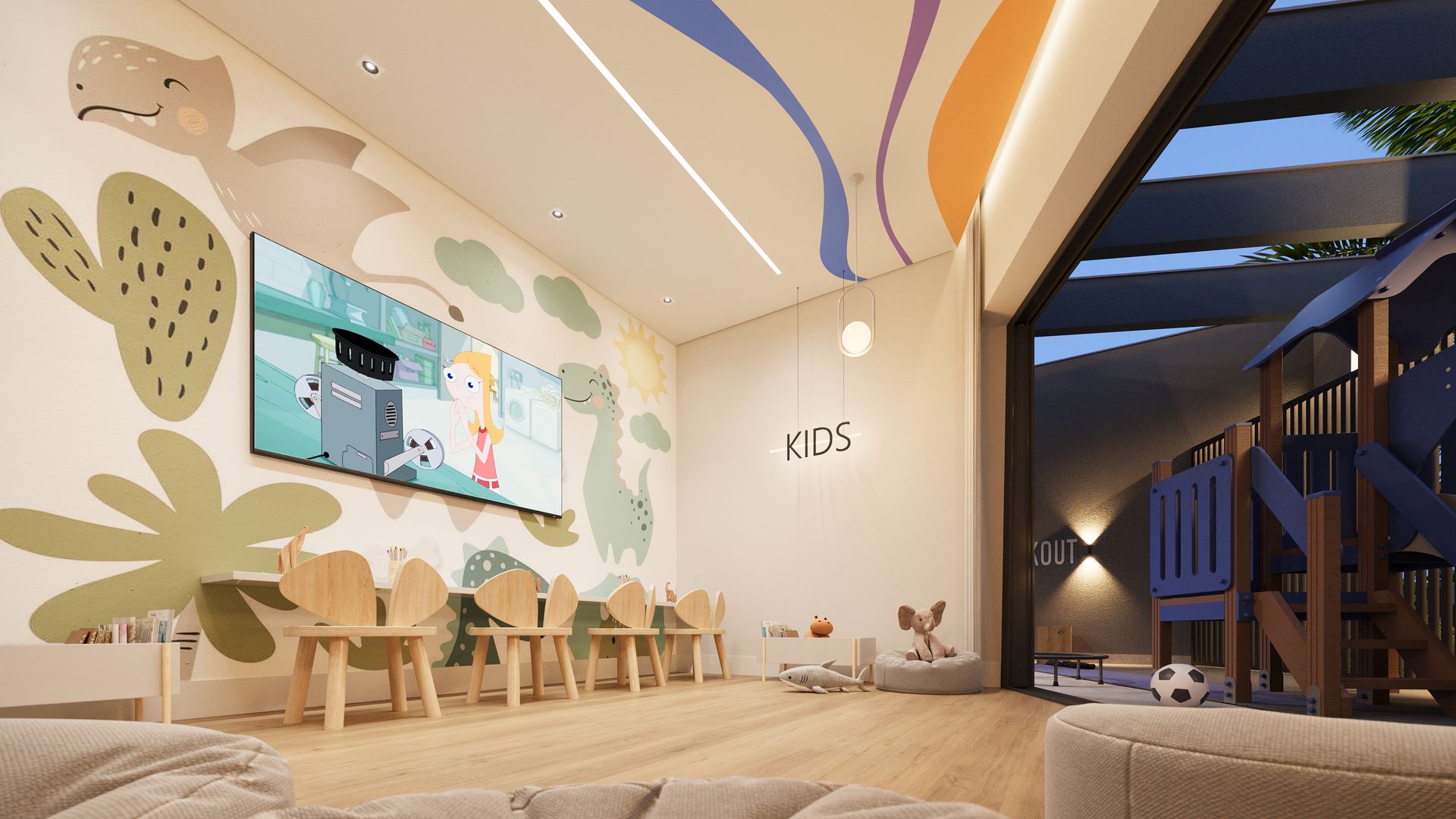 Um quarto infantil com uma grande TV de tela plana na parede.