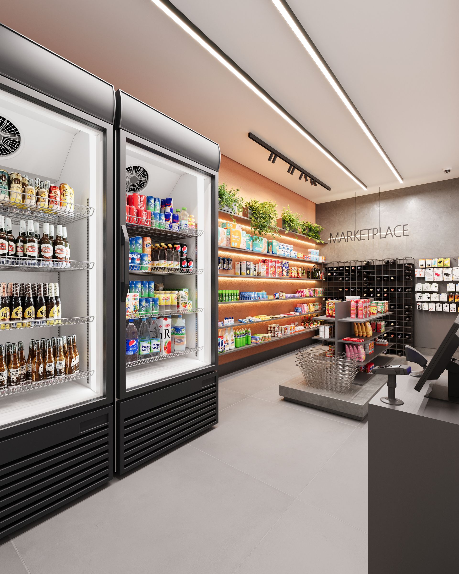 Uma mercearia com muitas prateleiras e geladeiras