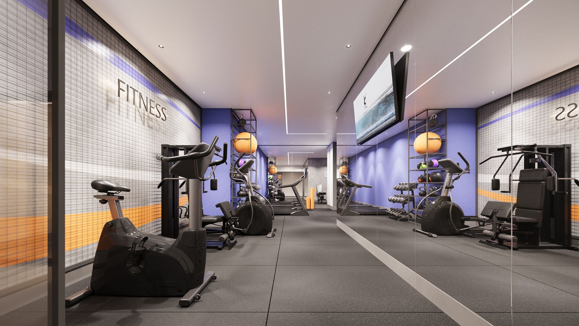 Uma impressão artística de uma academia com muitos equipamentos.