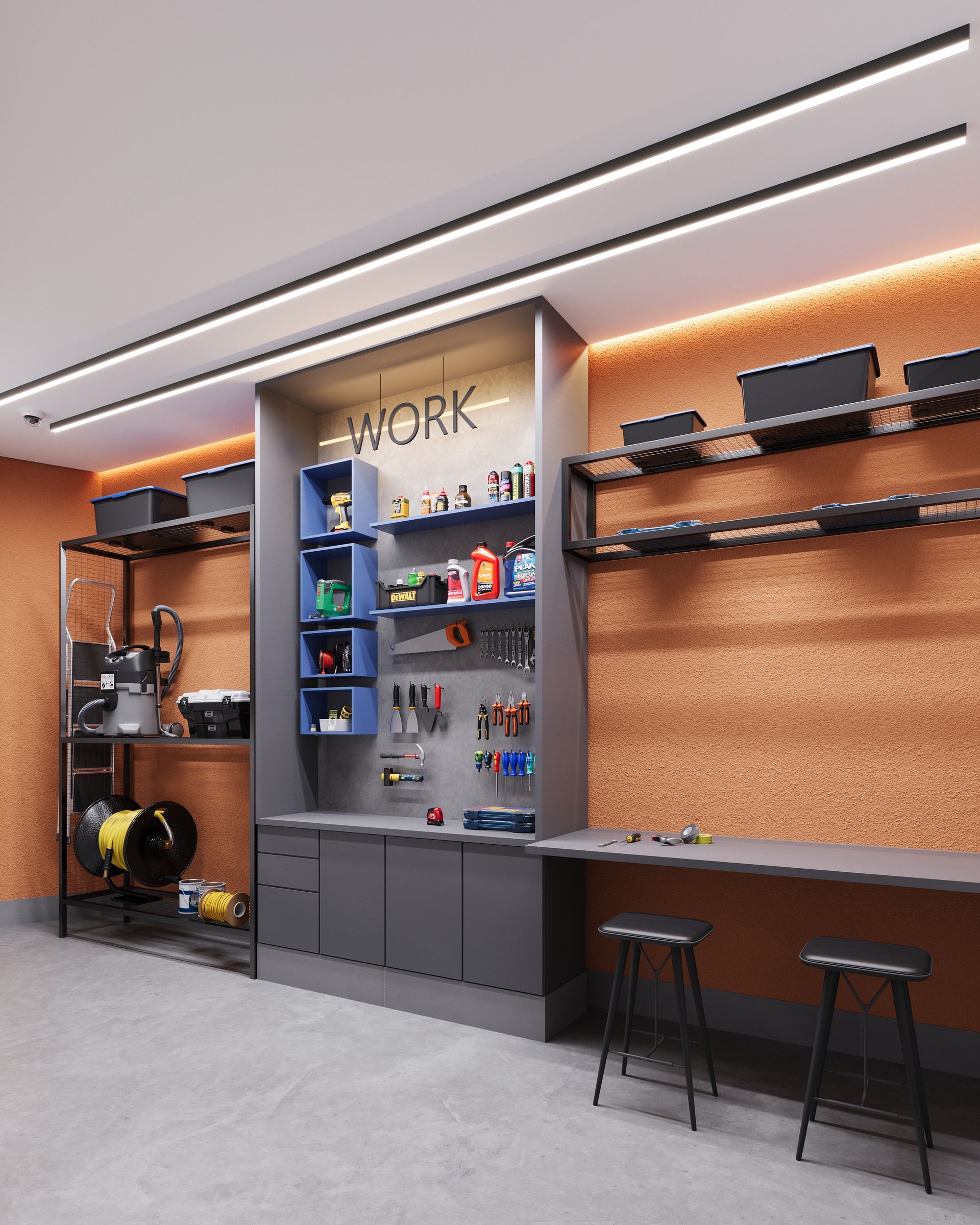 Uma sala com uma prateleira que diz trabalhe nela