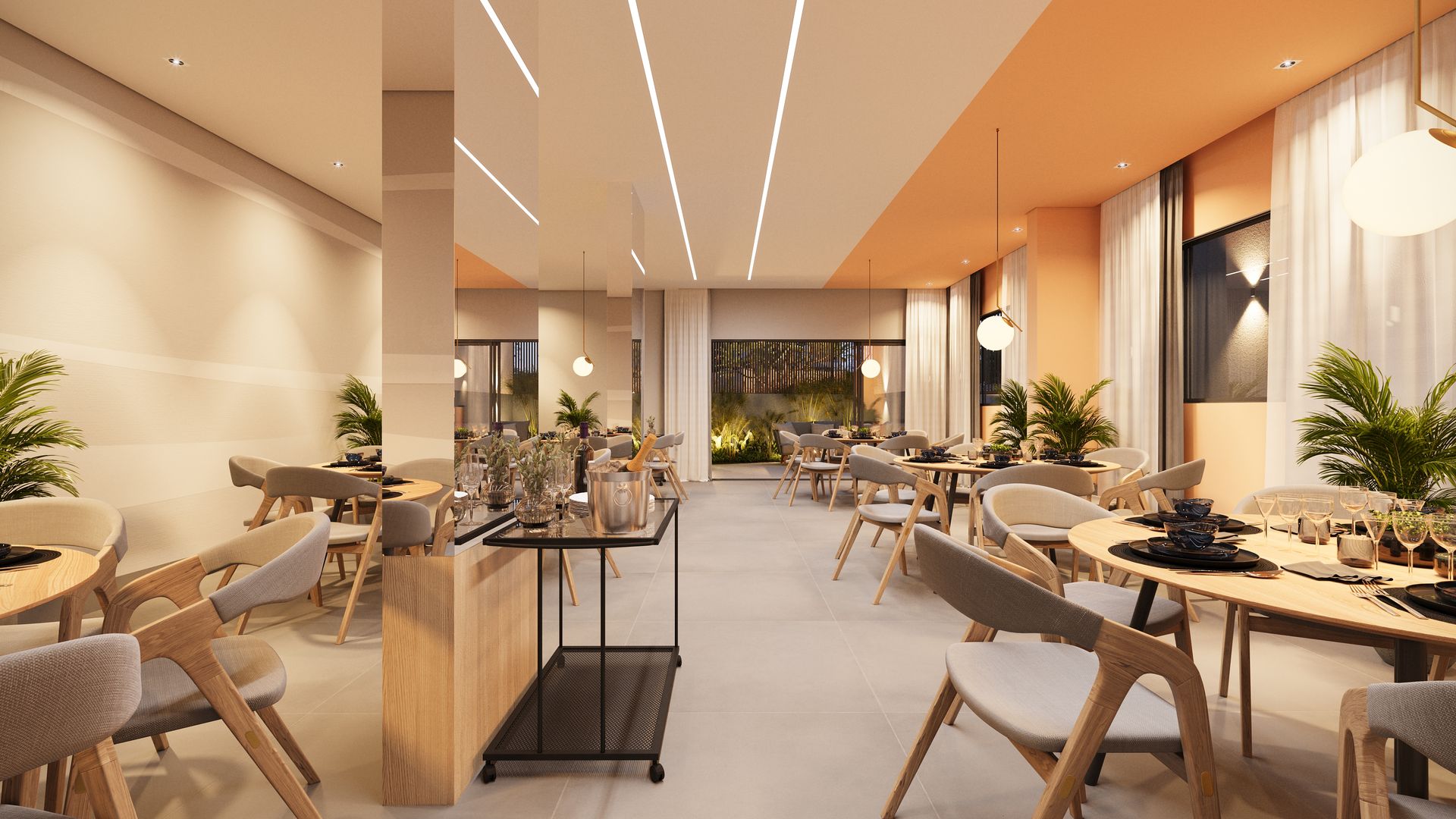 Uma impressão artística de uma sala de jantar com mesas e cadeiras.