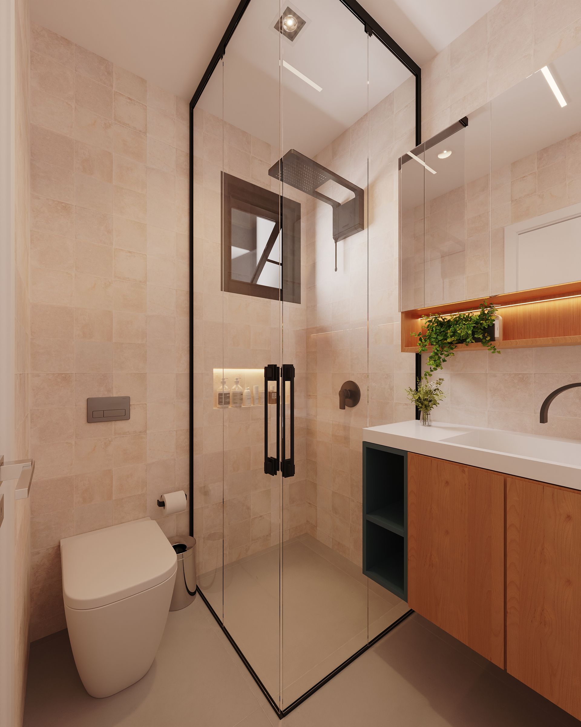 Um banheiro com vaso sanitário, pia e chuveiro