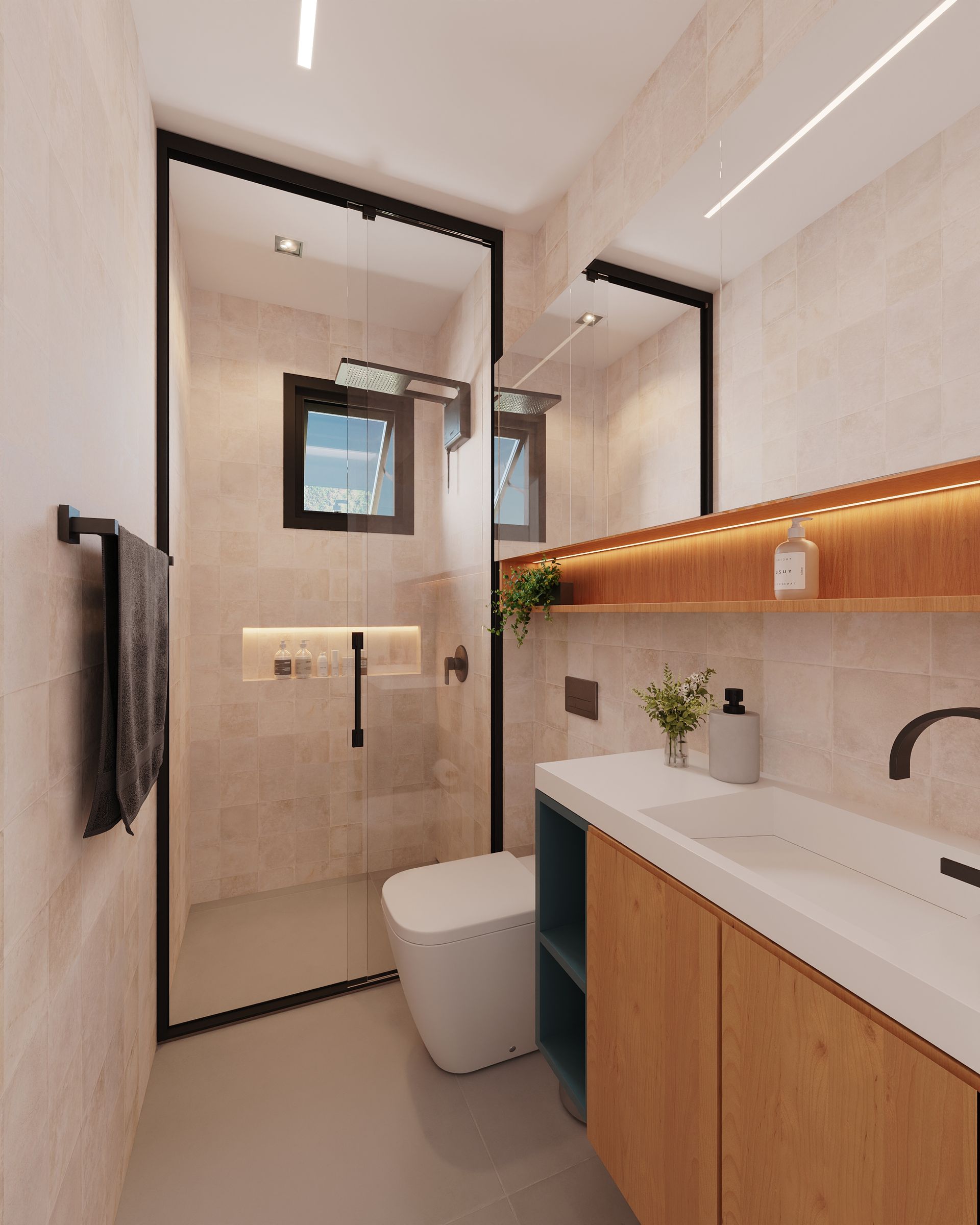 Um banheiro com vaso sanitário, pia e chuveiro.