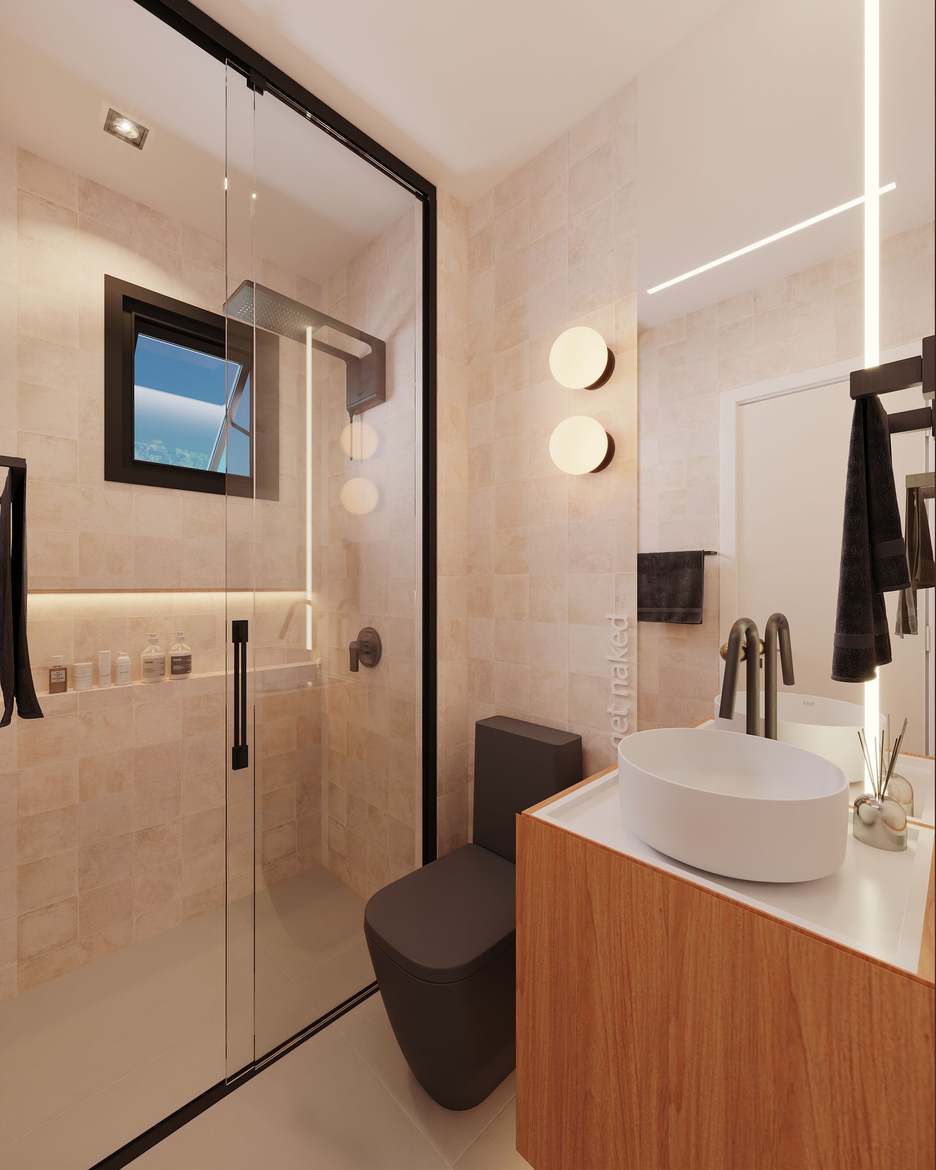 Um banheiro com vaso sanitário, pia, espelho e chuveiro.