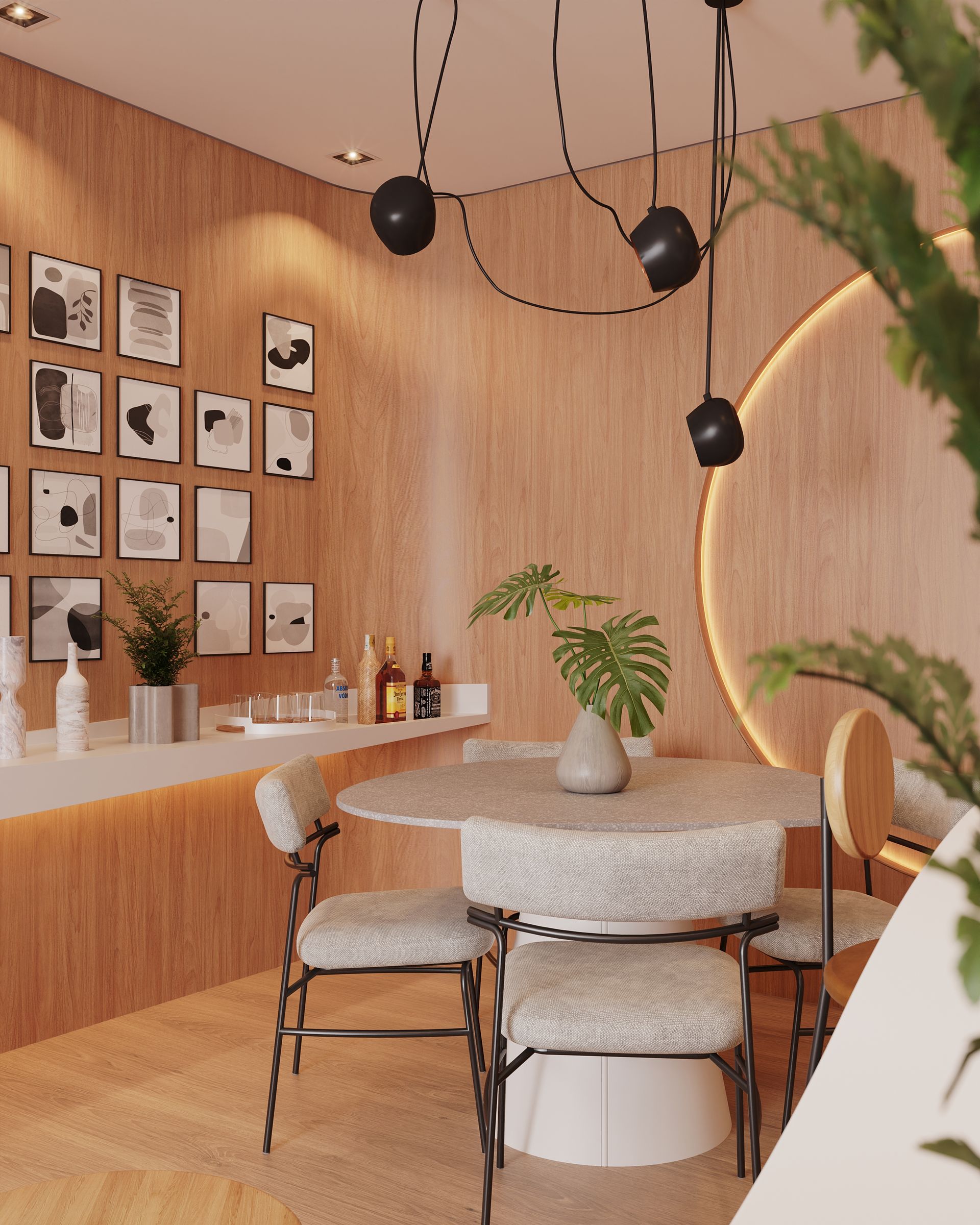 Uma sala de jantar com uma mesa e cadeiras e uma planta na mesa