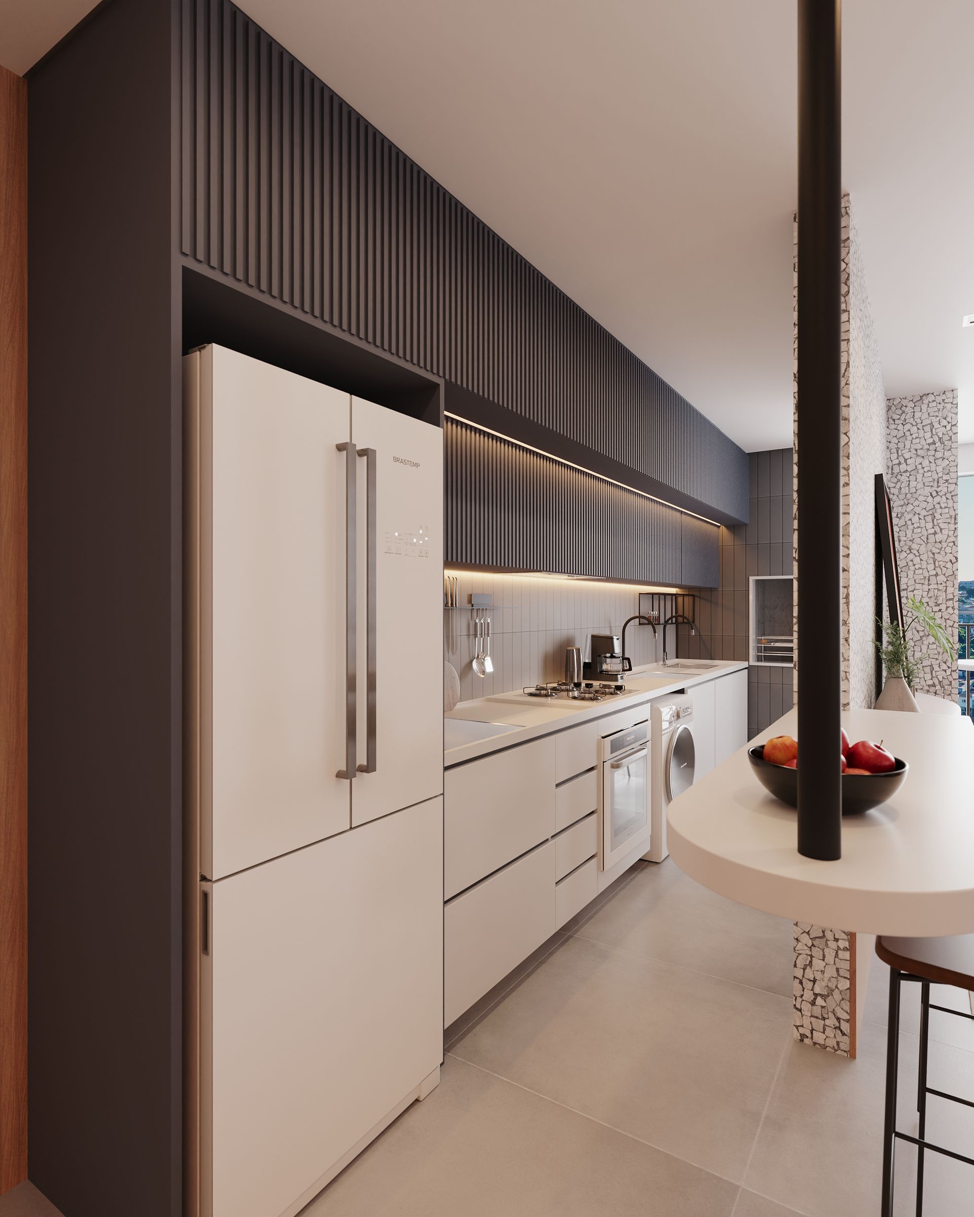 Uma cozinha com armários brancos e uma geladeira branca