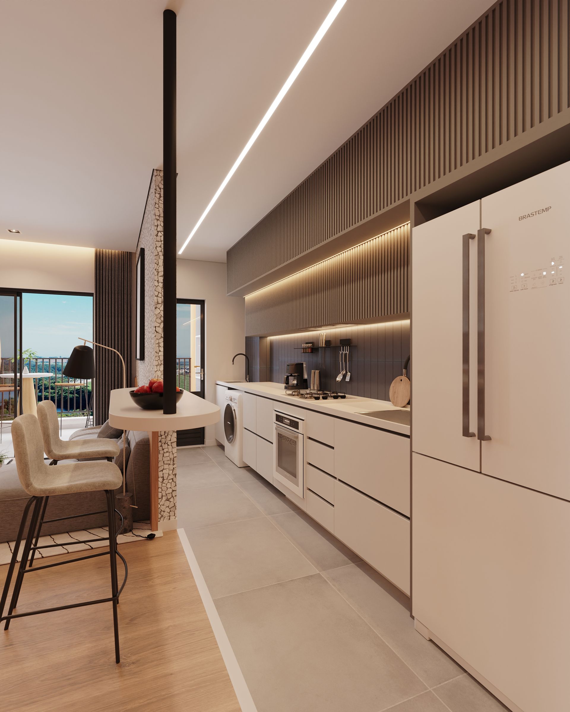 Uma cozinha com armários brancos e uma geladeira branca