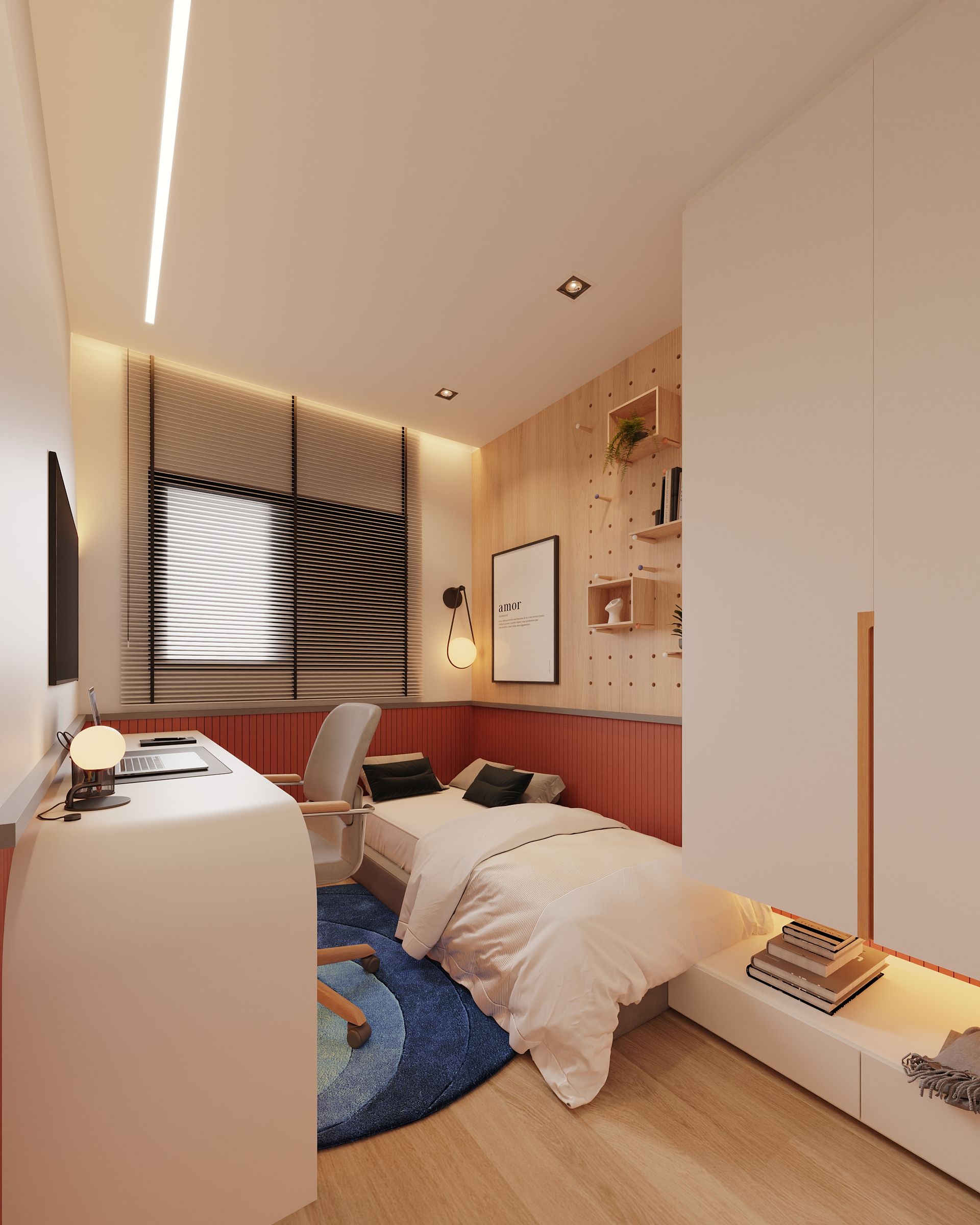 Um quarto com uma cama, uma escrivaninha e uma cadeira