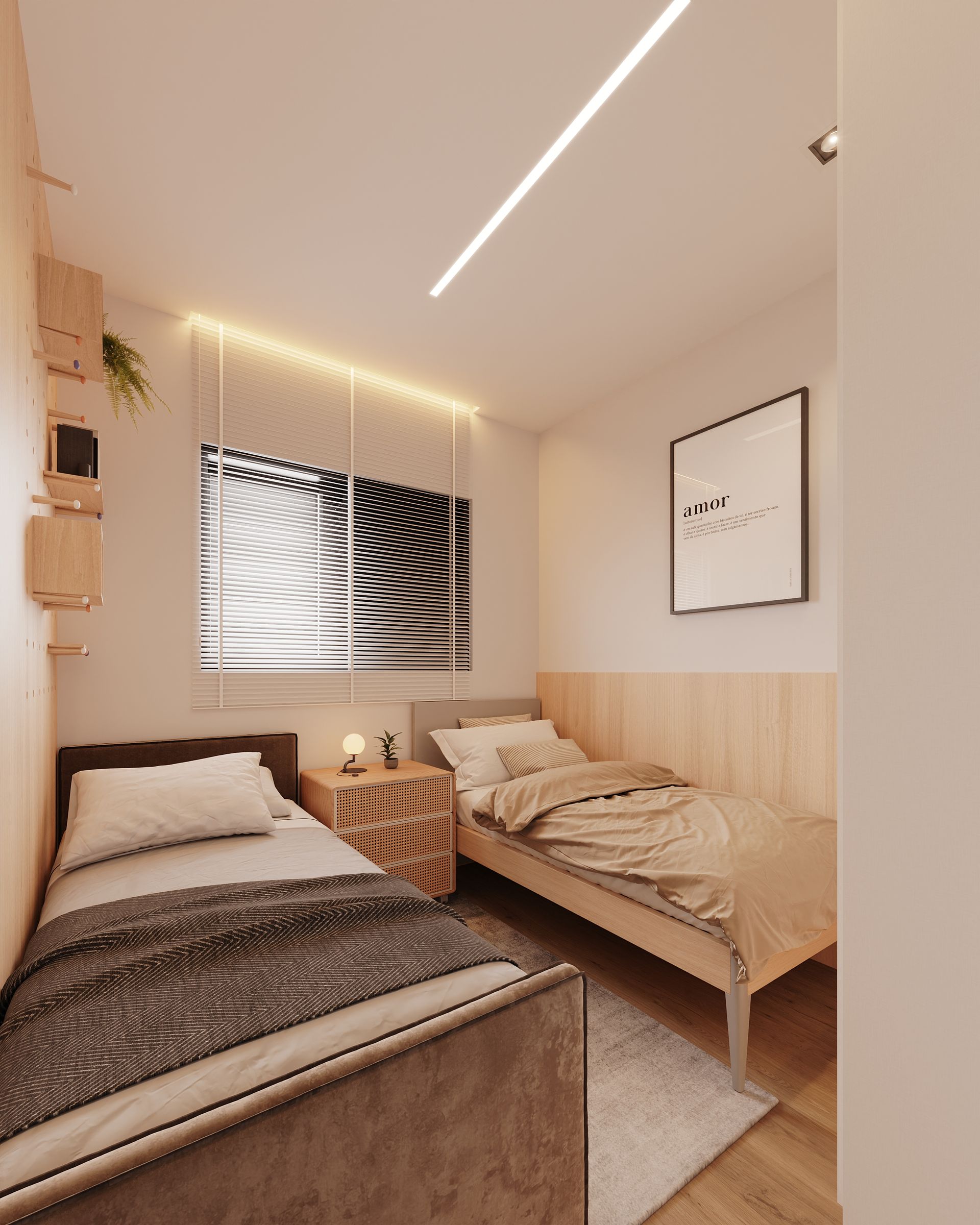 Um quarto com duas camas, uma mesa de cabeceira e uma janela.