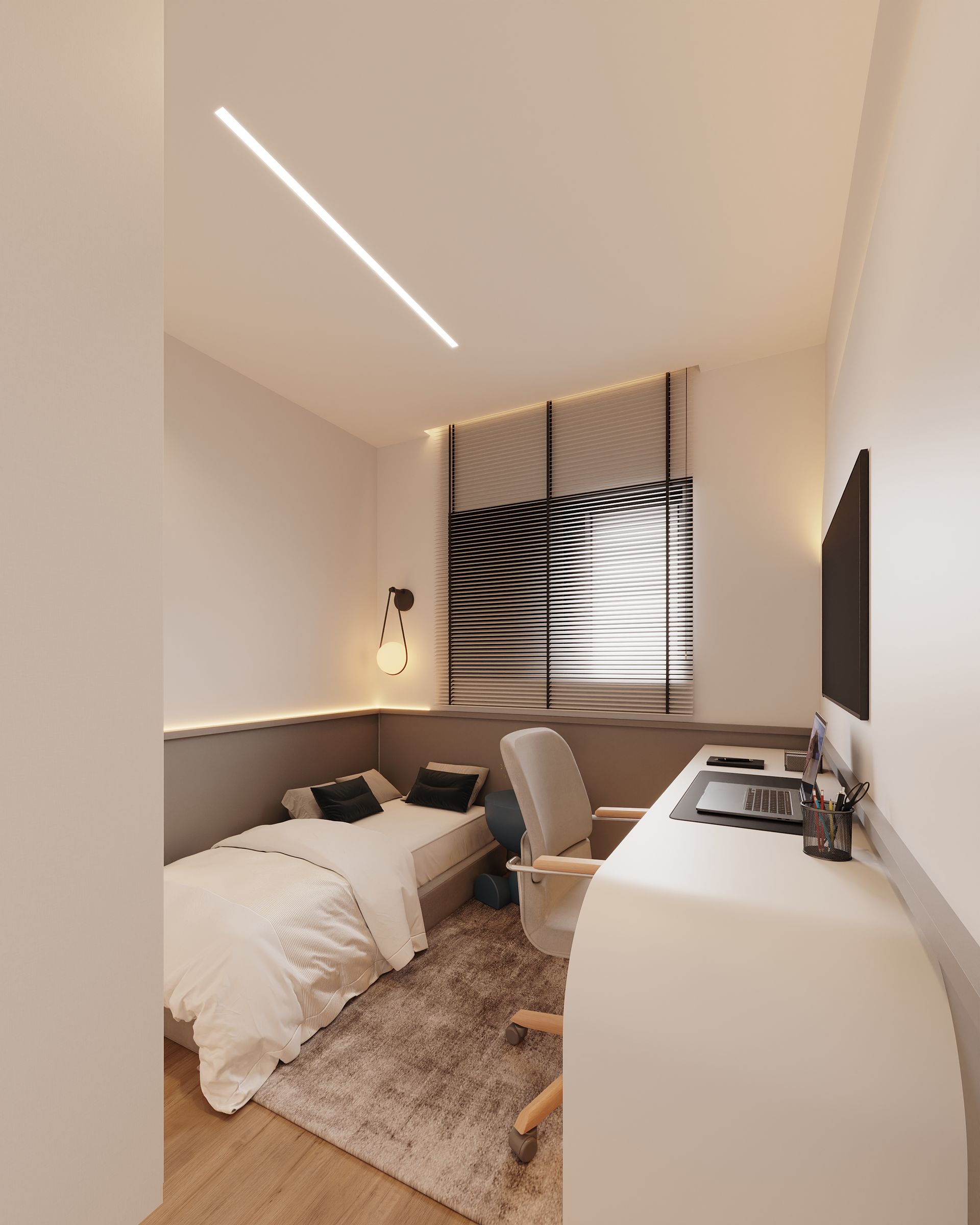 Um quarto com uma cama, uma escrivaninha e uma televisão