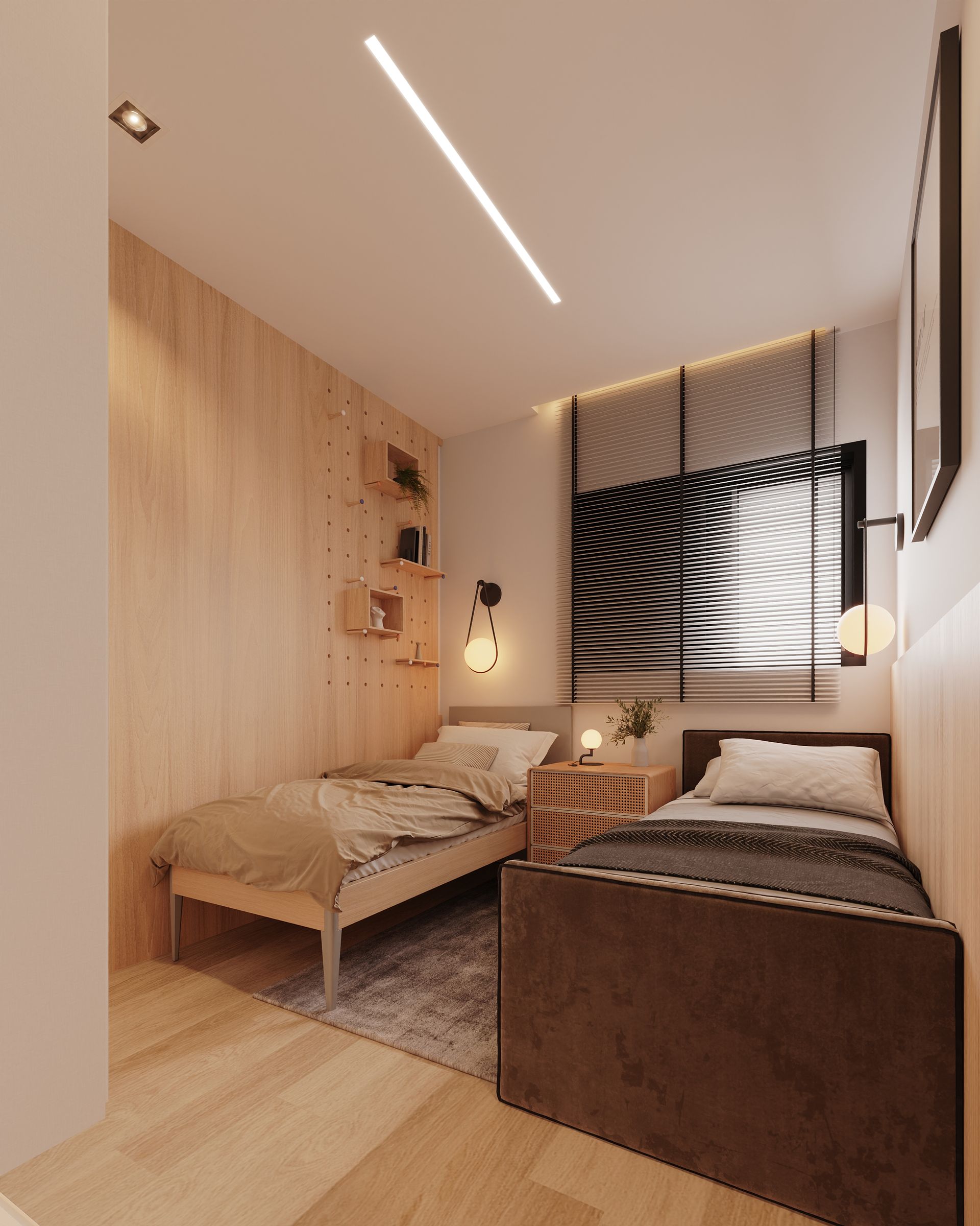 Um quarto com duas camas e uma janela com persianas