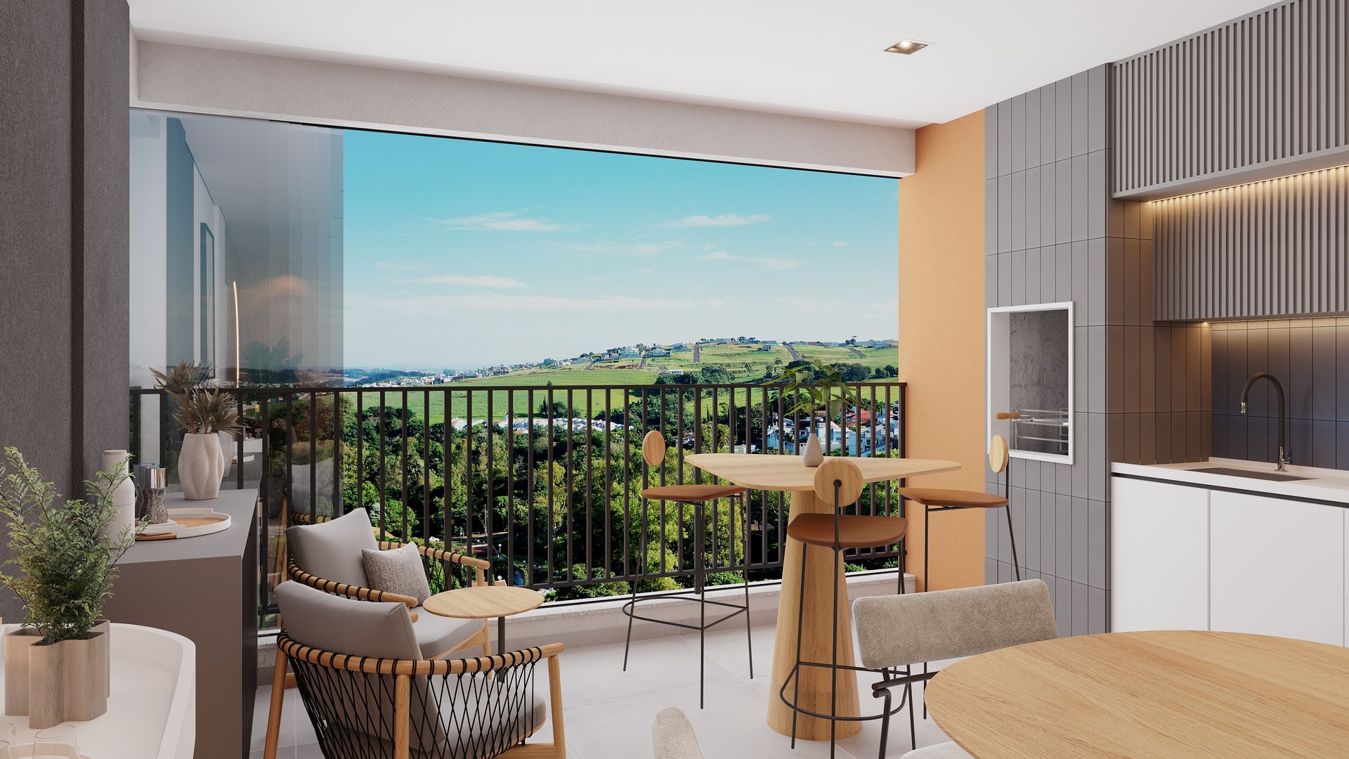 Impressão artística de uma varanda com mesa e cadeiras