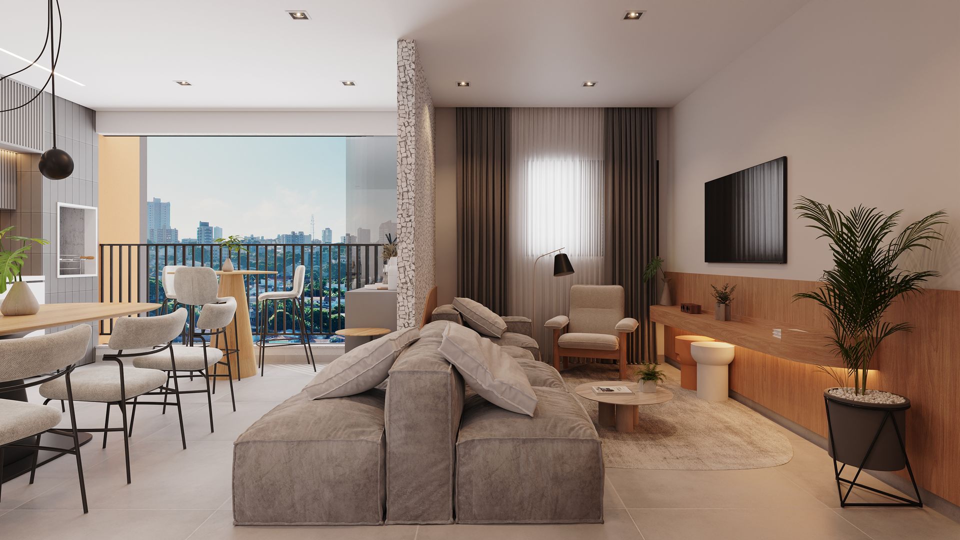 Uma sala de estar com sofá, cadeiras, mesa e televisão.