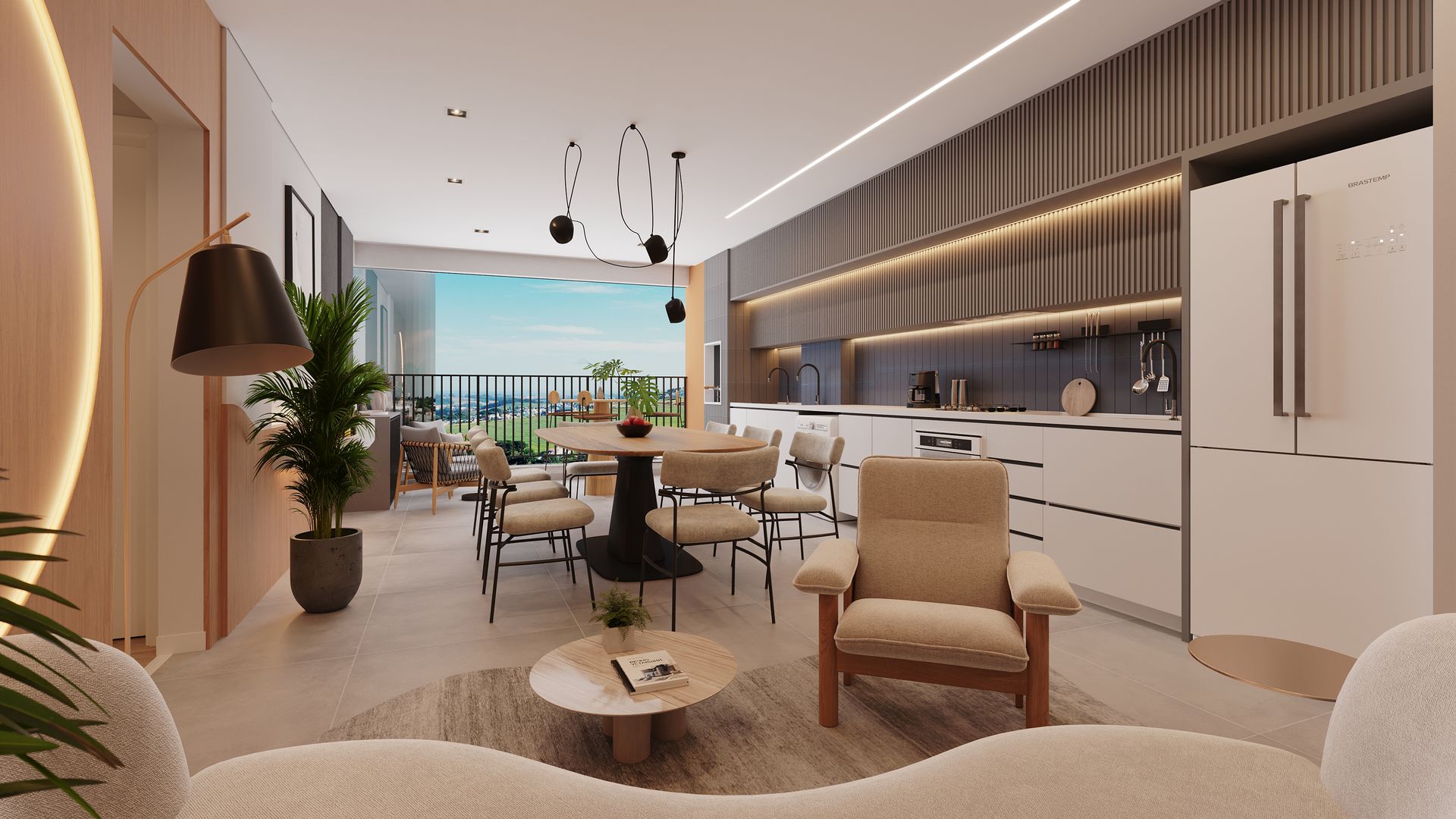 Uma impressão artística de uma sala de estar e cozinha.