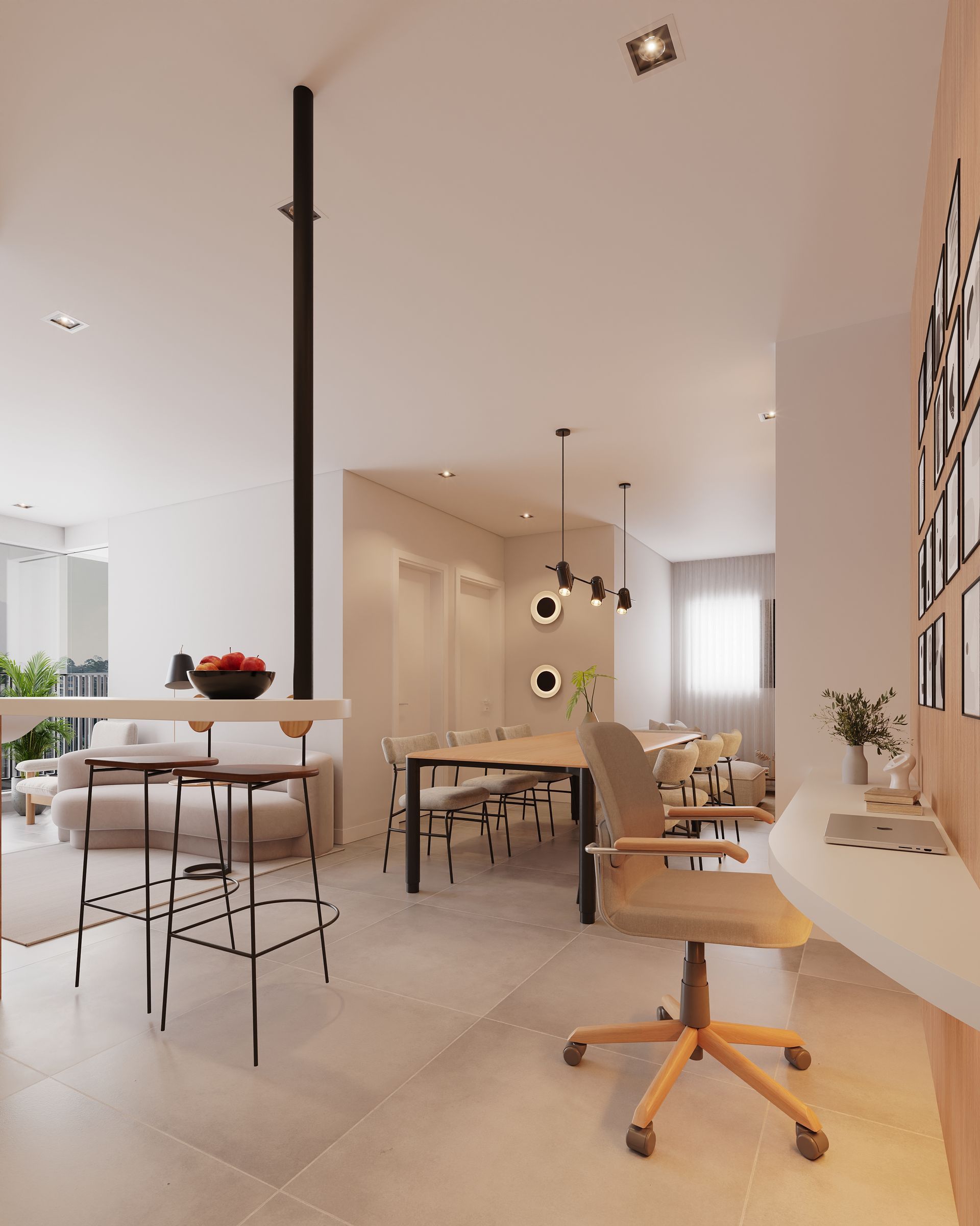 Uma sala de estar com uma mesa e cadeiras e uma escrivaninha