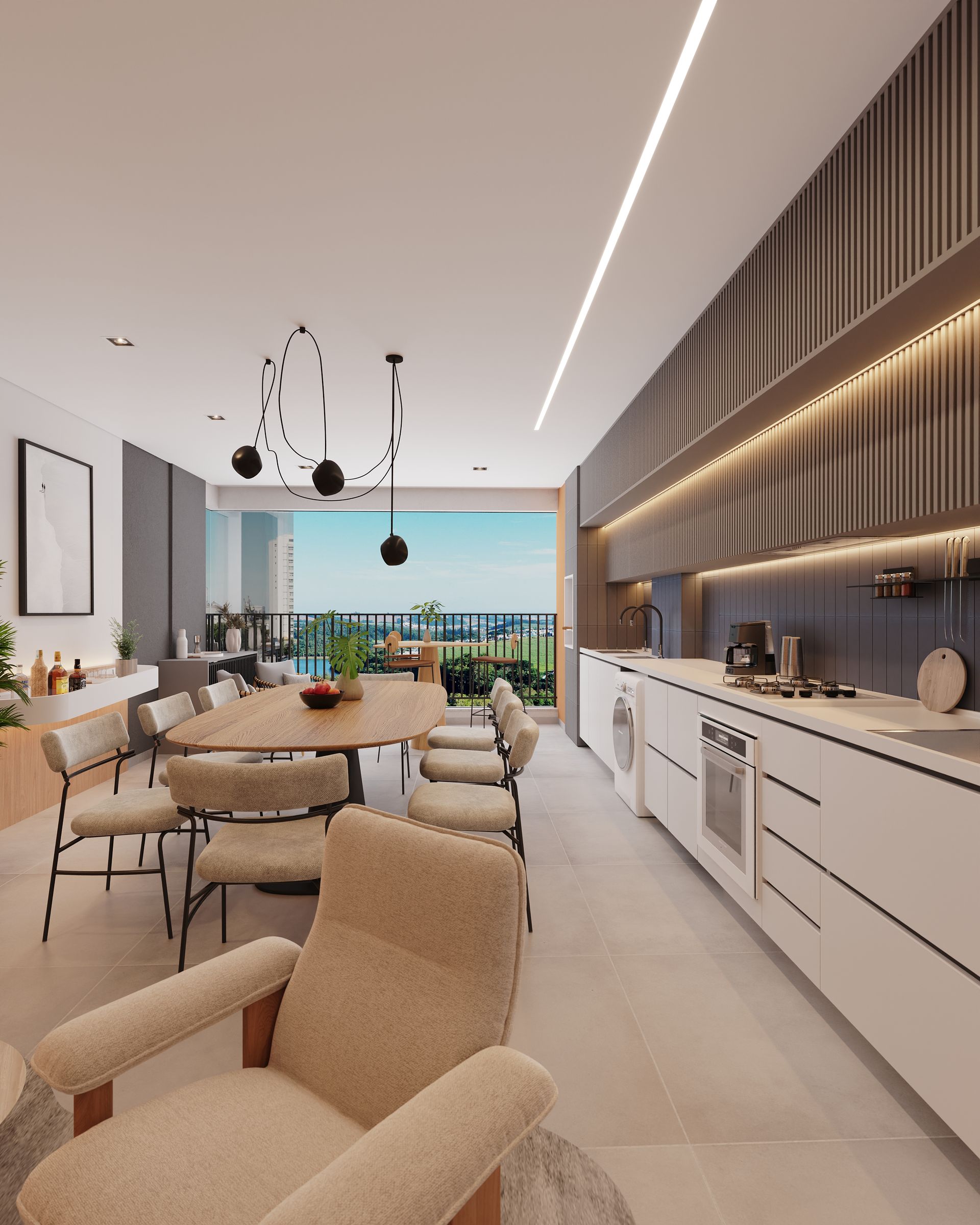 Uma cozinha com uma mesa e cadeiras