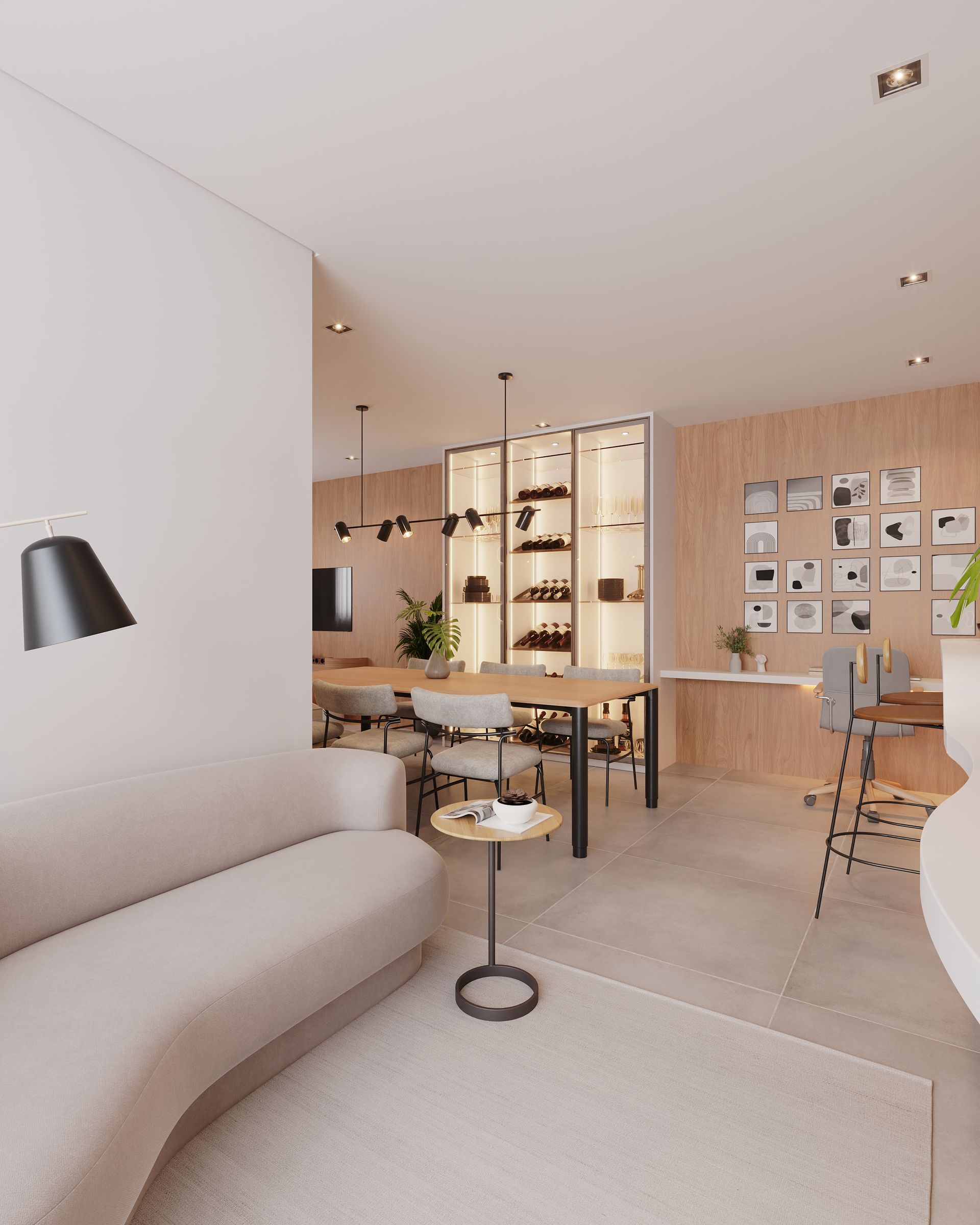 Uma sala de estar com um sofá, mesa e cadeiras