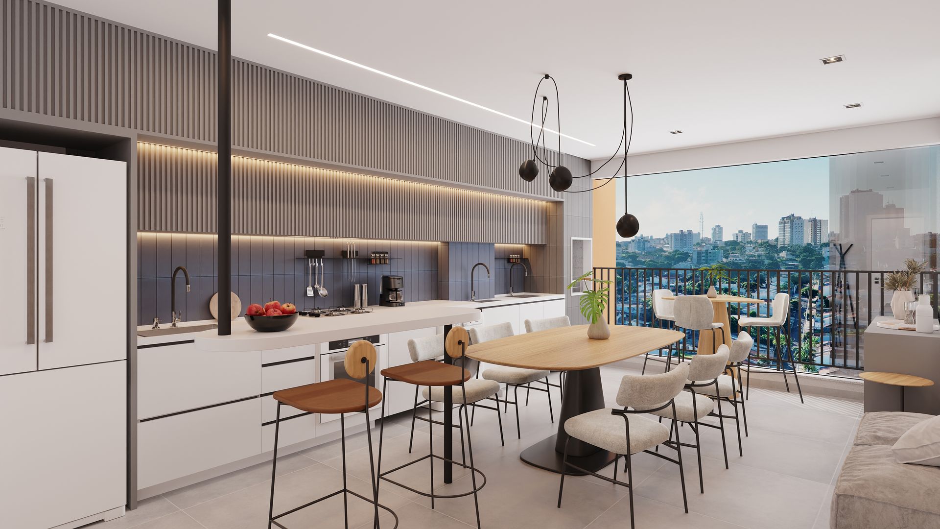 Uma cozinha com uma mesa e cadeiras