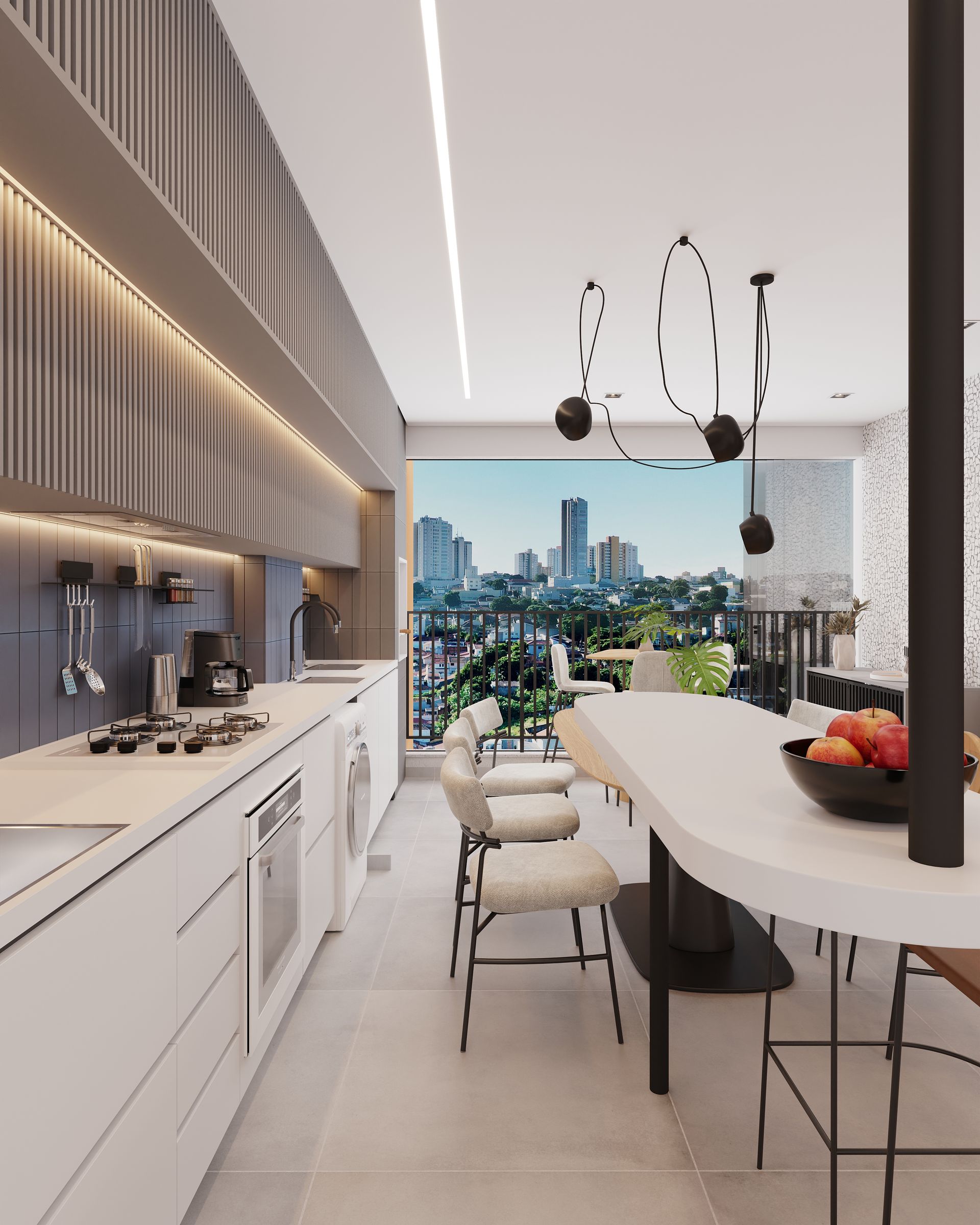 Uma cozinha com mesa e cadeiras e uma grande janela