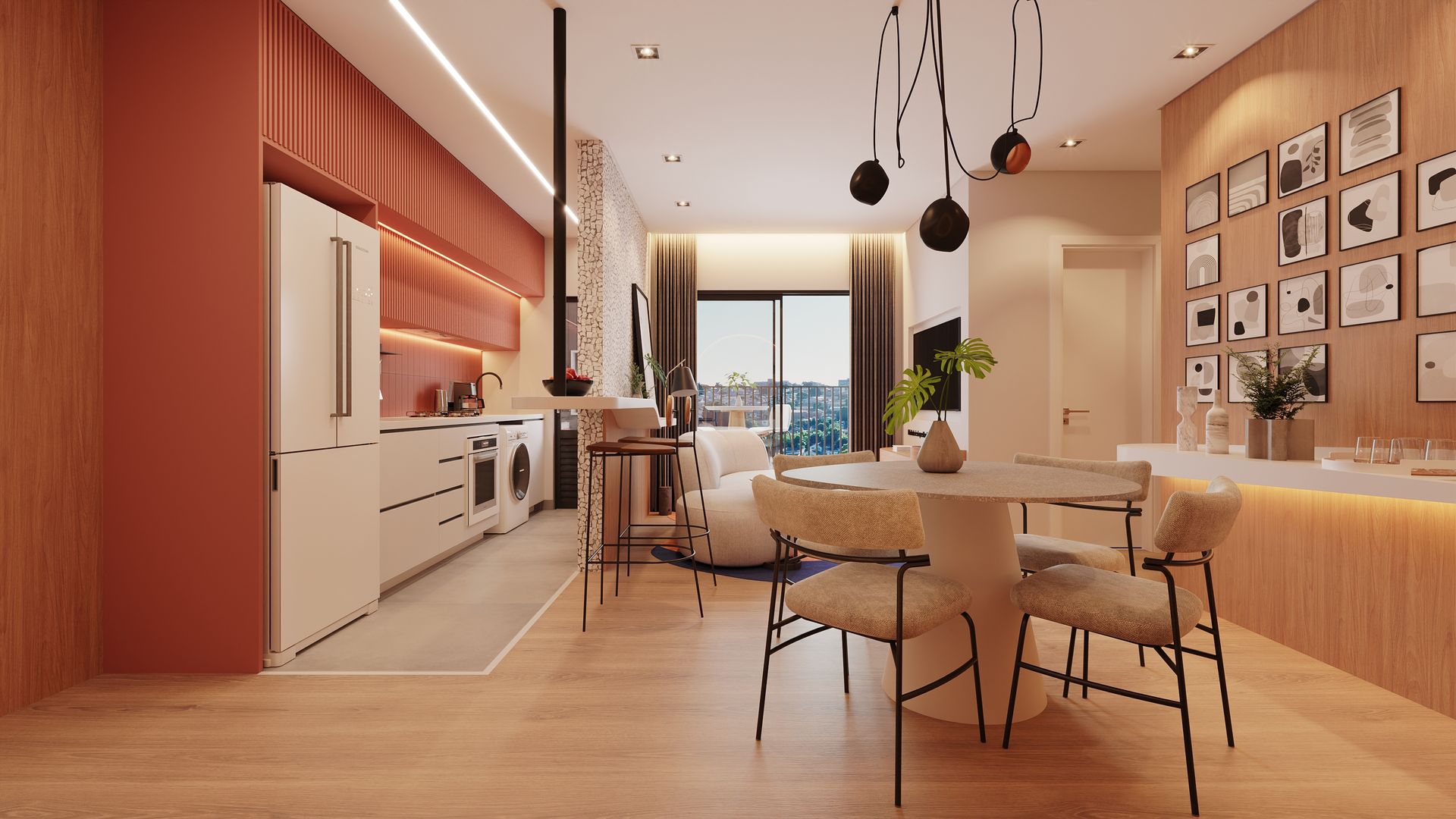 Uma sala de jantar com mesa e cadeiras e uma cozinha ao fundo.