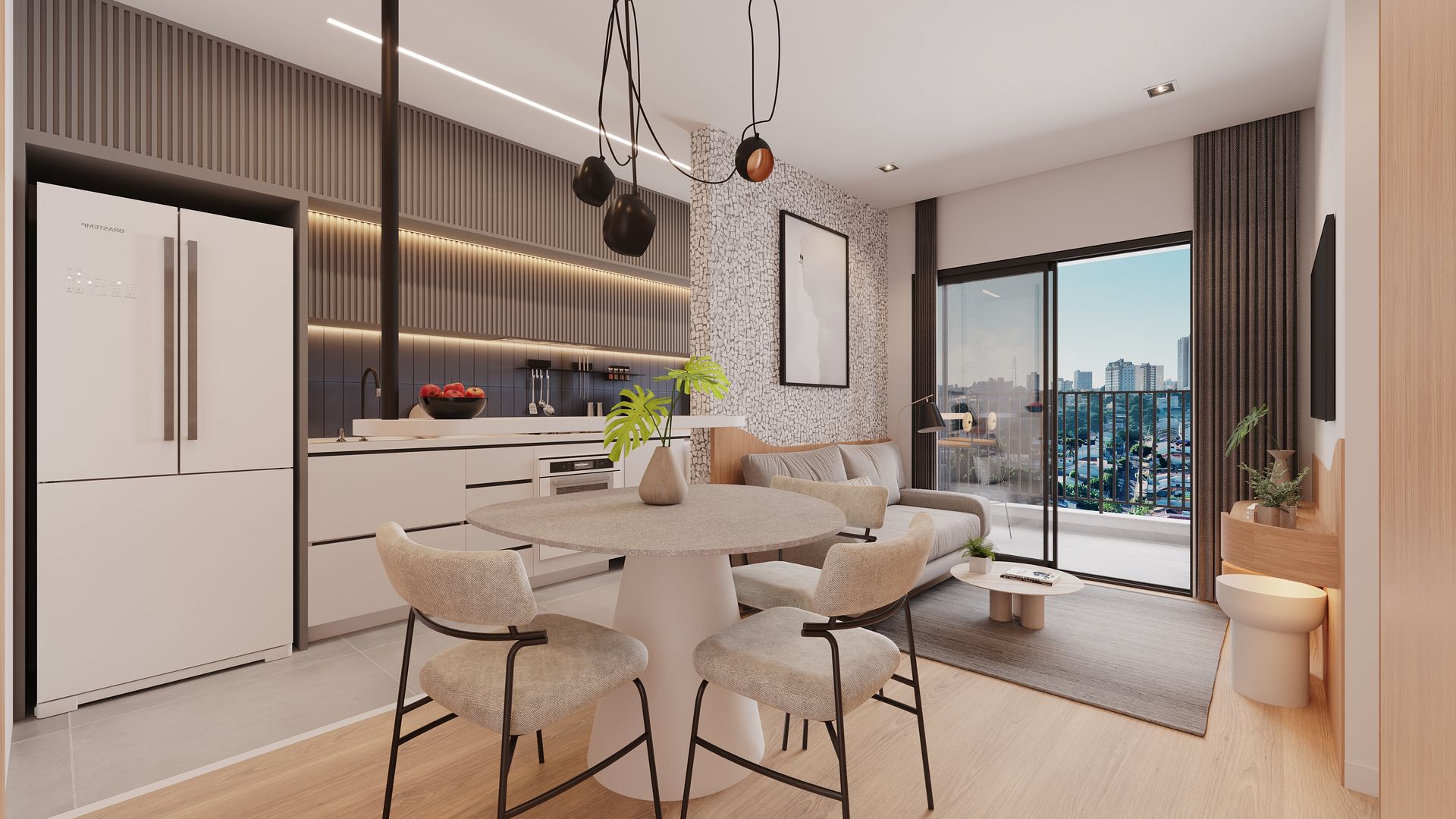 Uma sala de estar com mesa de jantar e cadeiras e uma cozinha.