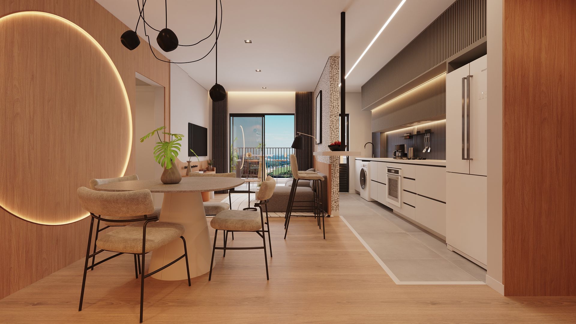 Uma sala de jantar com mesa e cadeiras e uma cozinha ao fundo.