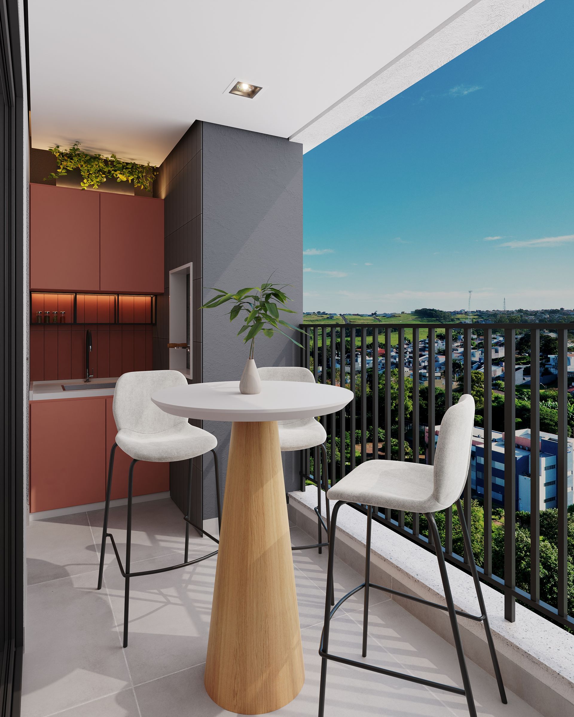 Uma varanda com mesa e cadeiras e vista para uma cidade