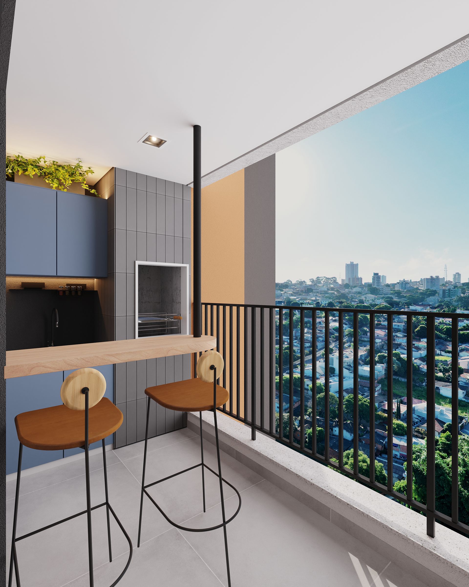 Uma varanda com dois bancos e uma mesa com vista para uma cidade