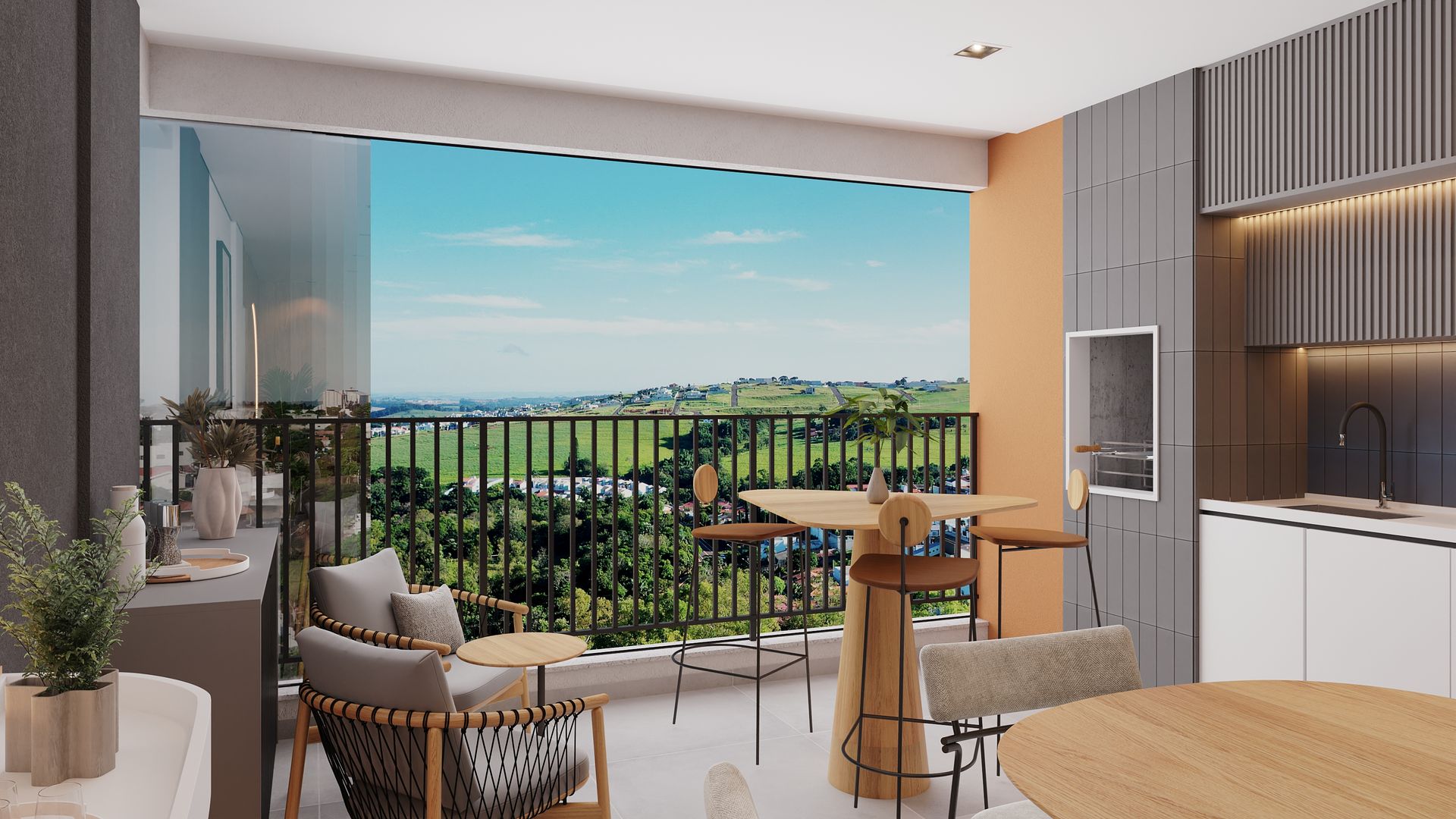 Impressão artística de uma varanda com mesa e cadeiras