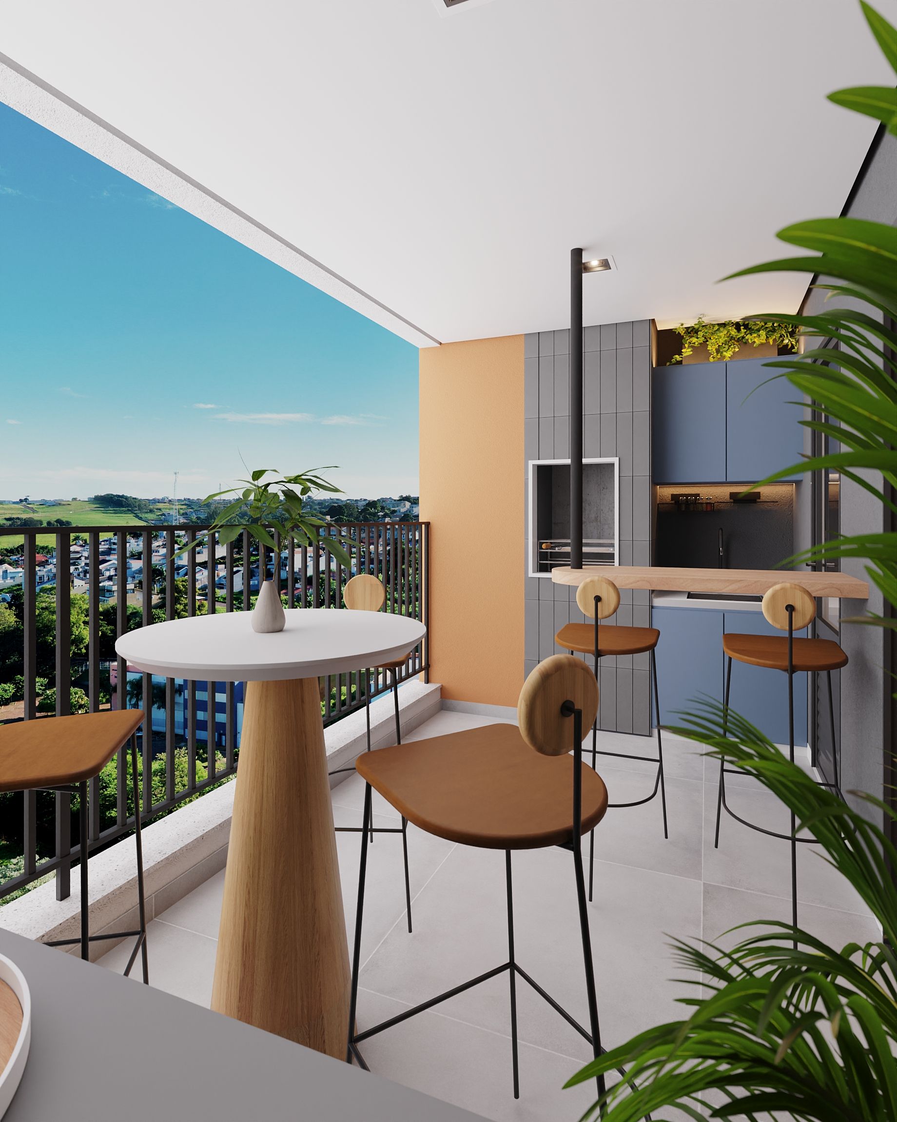 Impressão artística de uma varanda com mesa e cadeiras