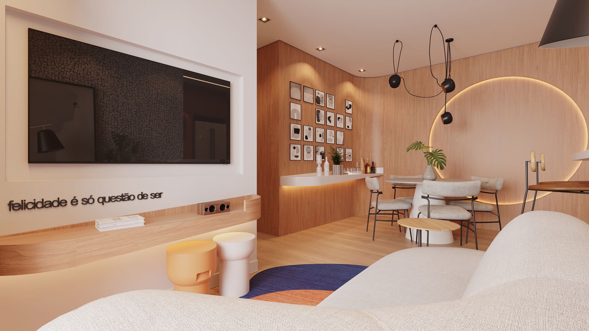 Uma sala de estar com um sofá e uma TV de tela plana.