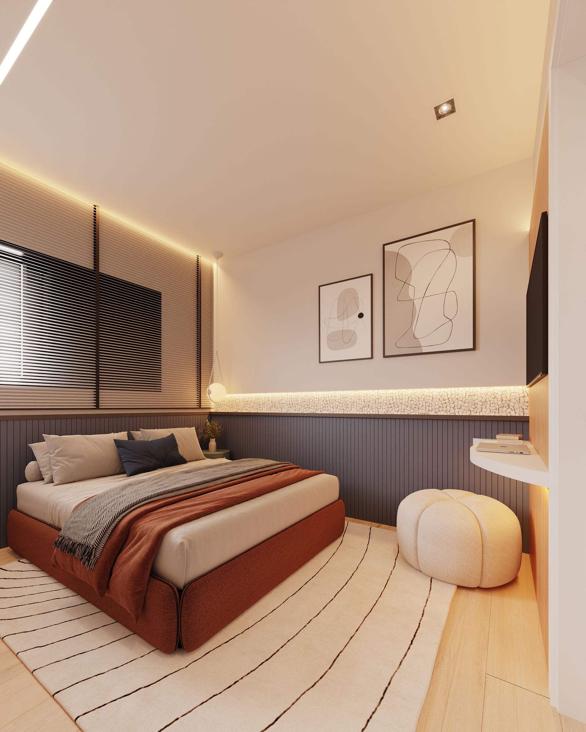 Um quarto com uma cama grande e um tapete