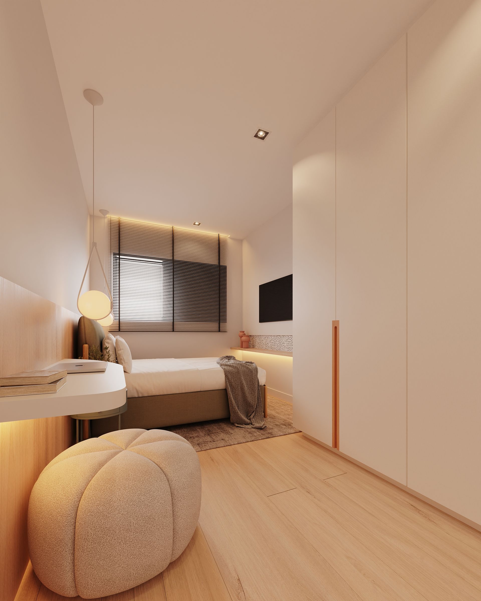 Um quarto com uma cama, pufe, cômoda e janela.