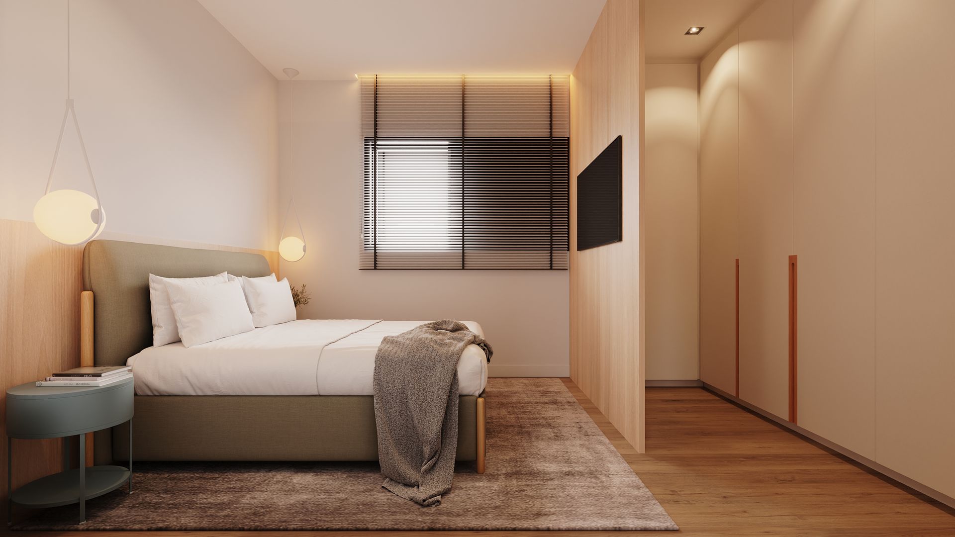 Um quarto com cama, mesa de cabeceira, televisão e janela.