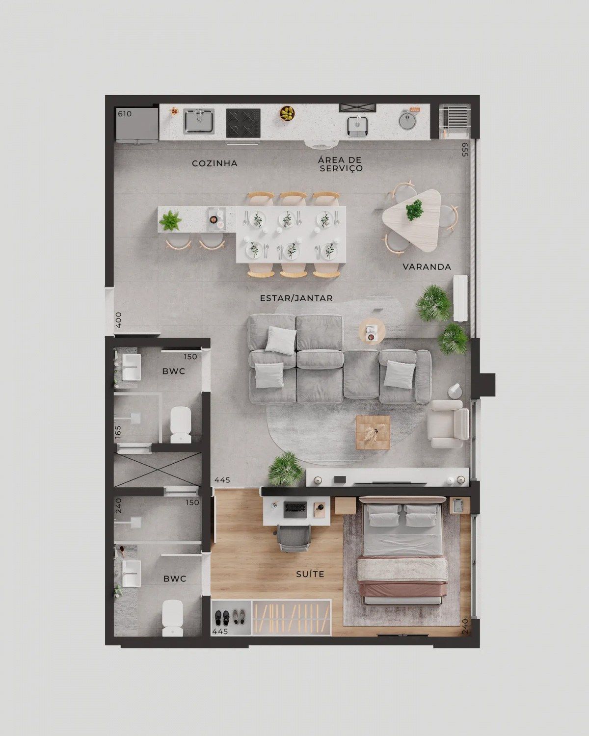 Uma vista aérea de uma planta baixa de uma casa com móveis.