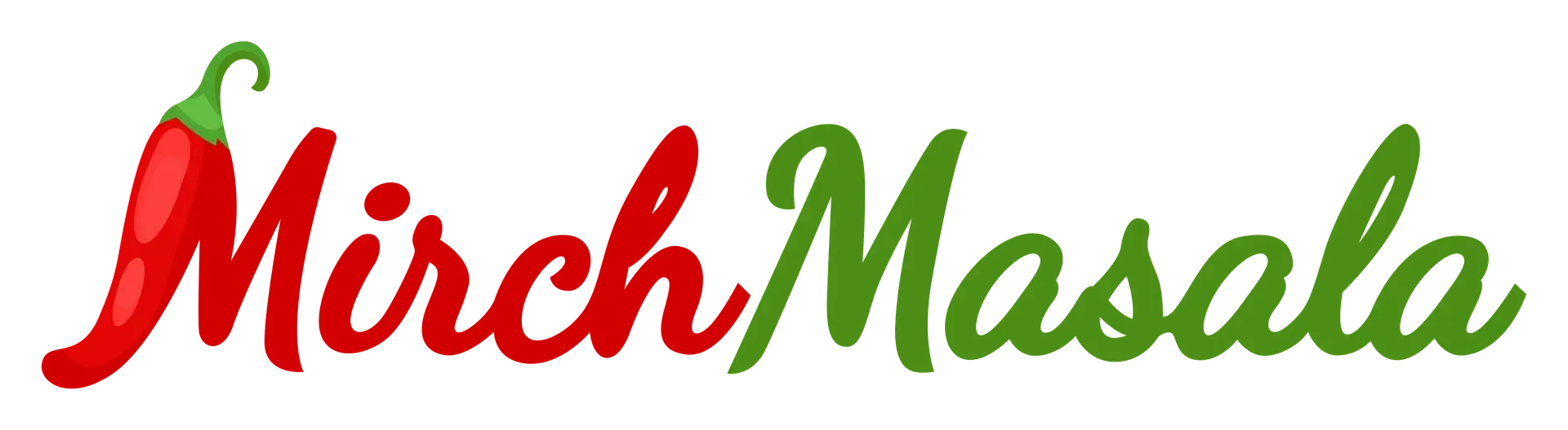 MirchMasala logo in red, green, and gold script on a white background