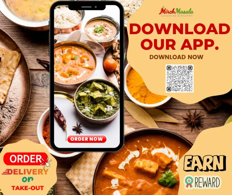 Restaurant app promo with phone, food bowls, QR code, and text: “Download our app,” “Order,” and “Earn reward.”