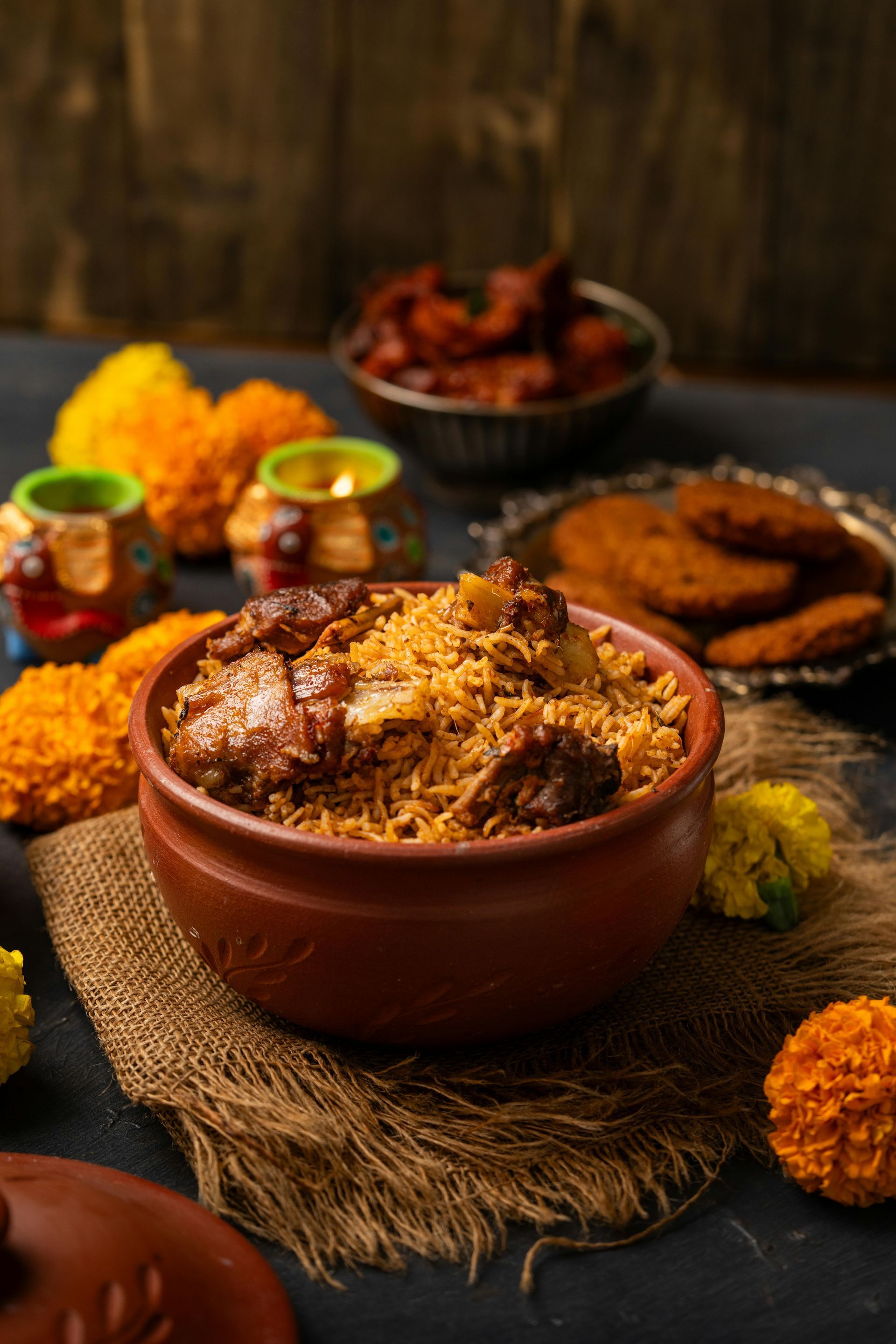 Clay bowl of spiced rice with fried snacks, chutneys, and marigold flowers on a rustic table
