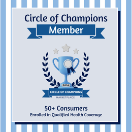 Graphic with blue and white elements. Text states