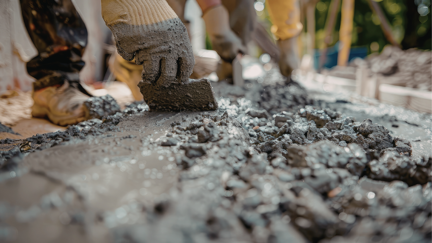 A worker in gloves uses a trowel to smooth wet concrete on a construction site.