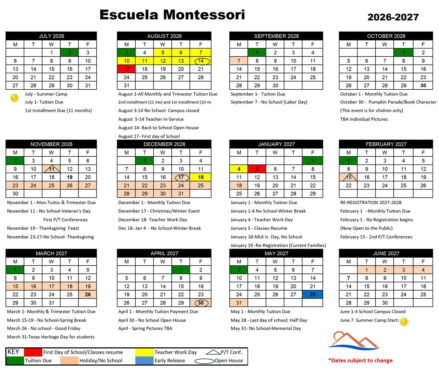 Escuela school calendar 2026-2027