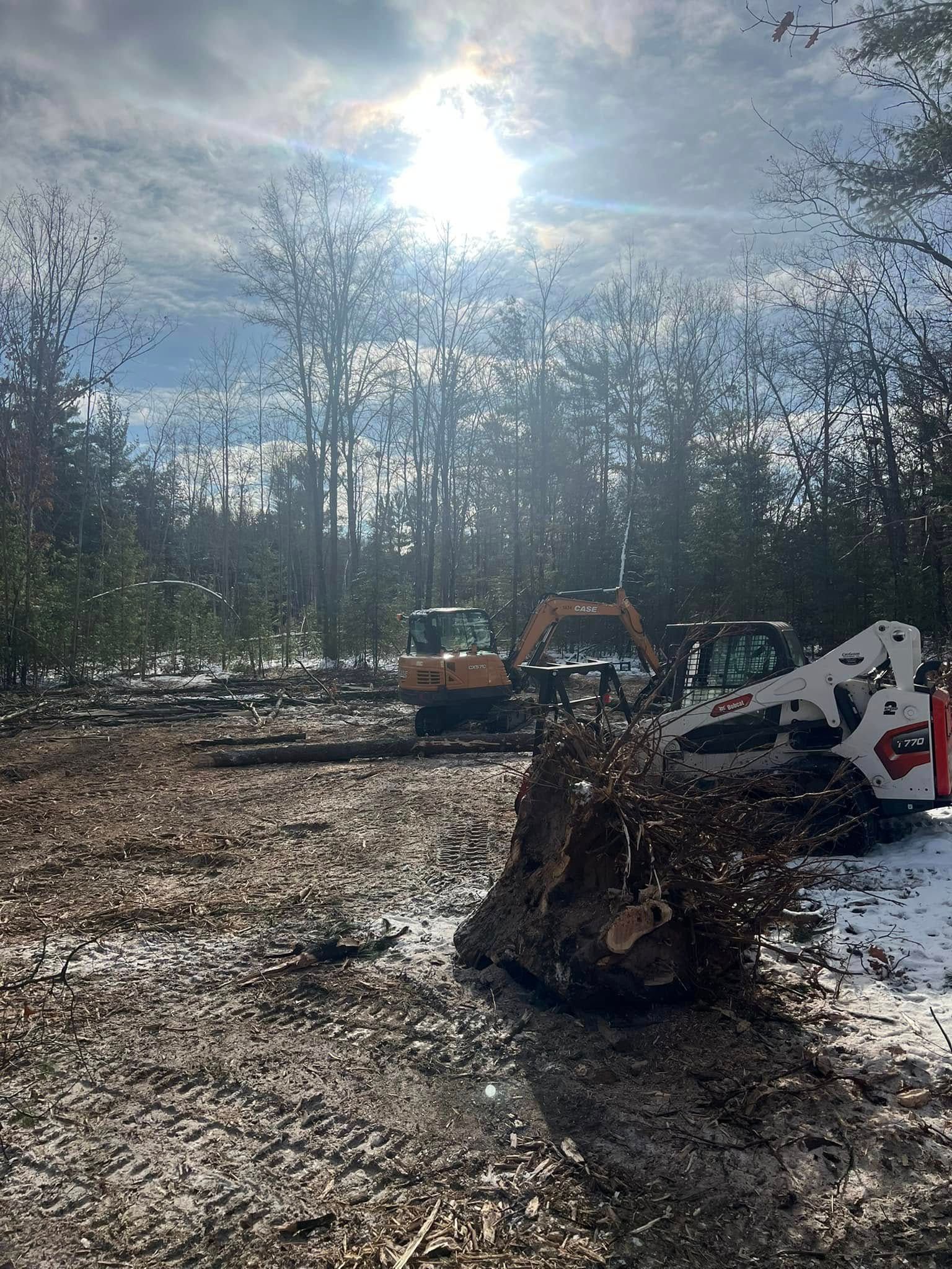 Construction site with heavy machinery clearing land; trees and muddy ground under a sunny sky.