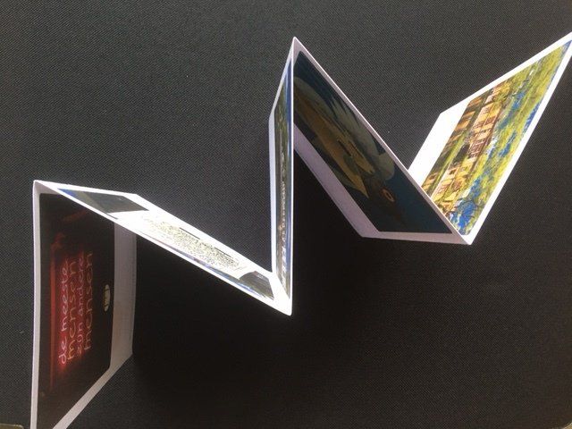 Een gevouwen kunstboek met afbeeldingen op elk paneel, dat op een zwarte ondergrond rust.