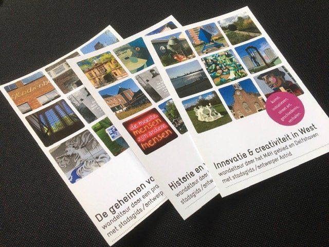 Brochures met foto's en tekst; thema's: geheimen, geschiedenis, innovatie en creativiteit. Zwarte achtergrond.